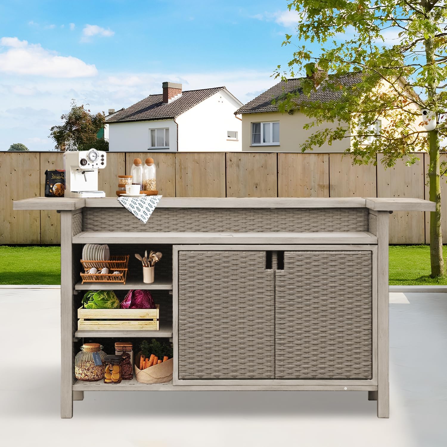 Outdoor Wicker Bar Table with Storage