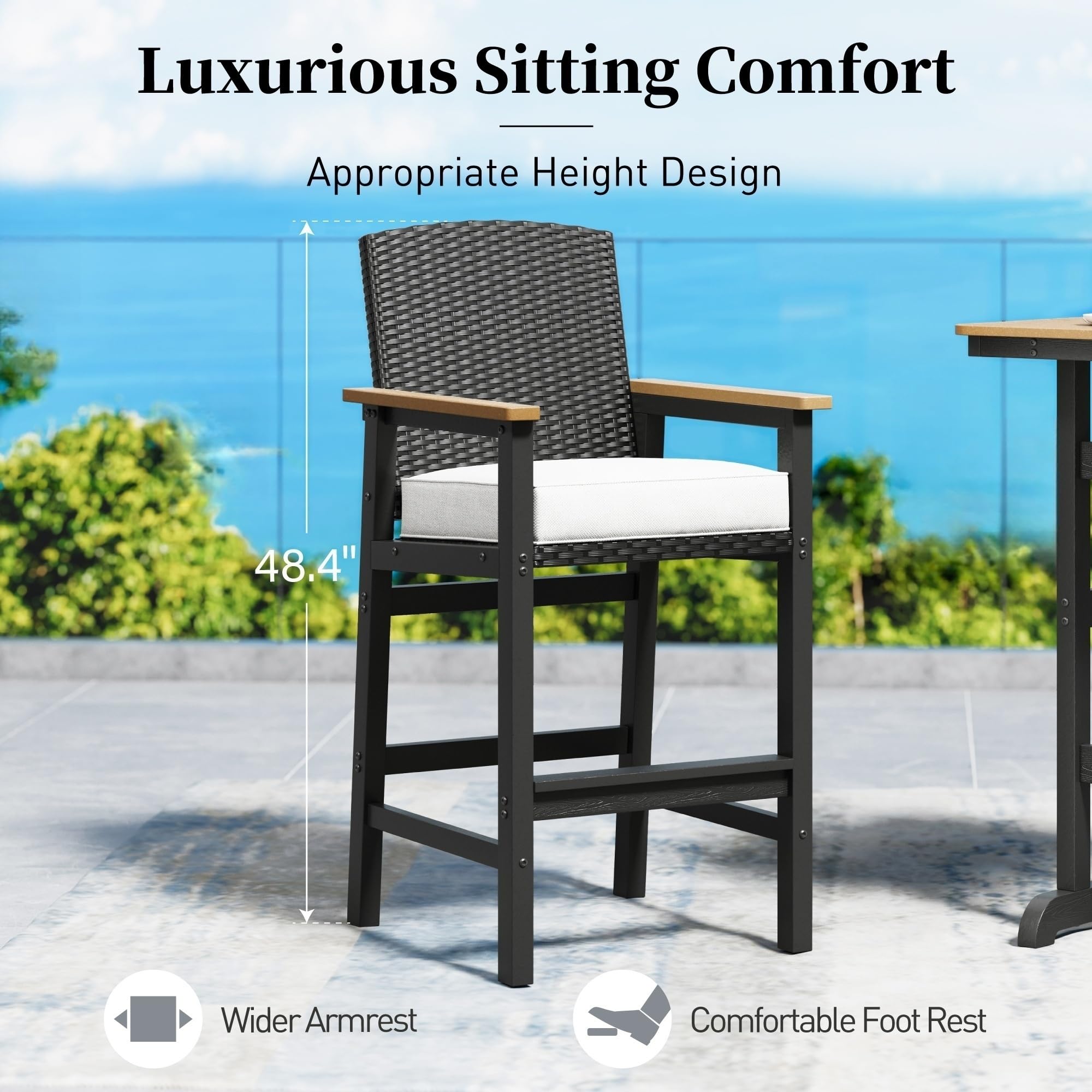 3-Piece Outdoor Bar Set with Cushioned Wicker Chairs