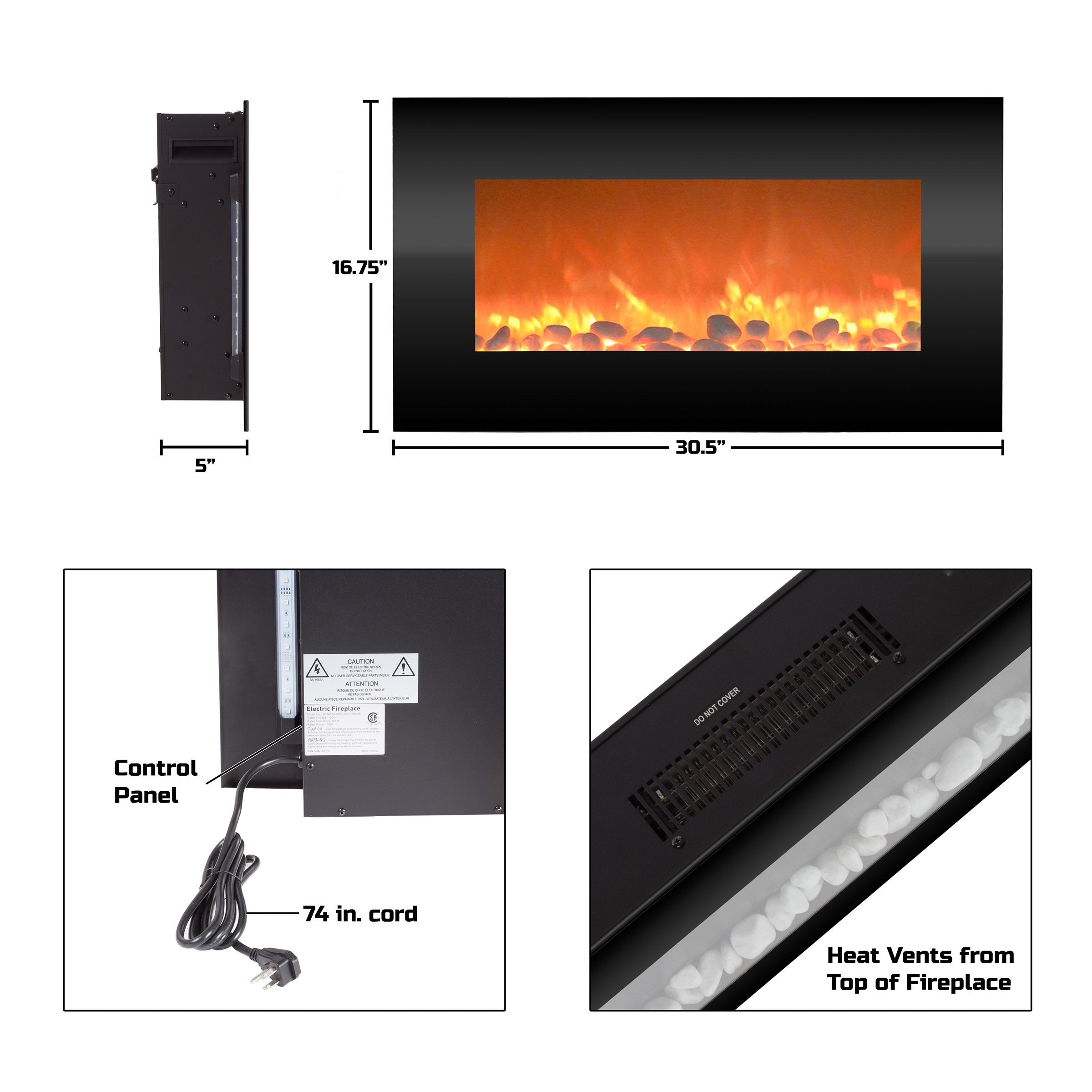 30 Inch Wall Mounted Electric Fireplace with LED Flames and Remote