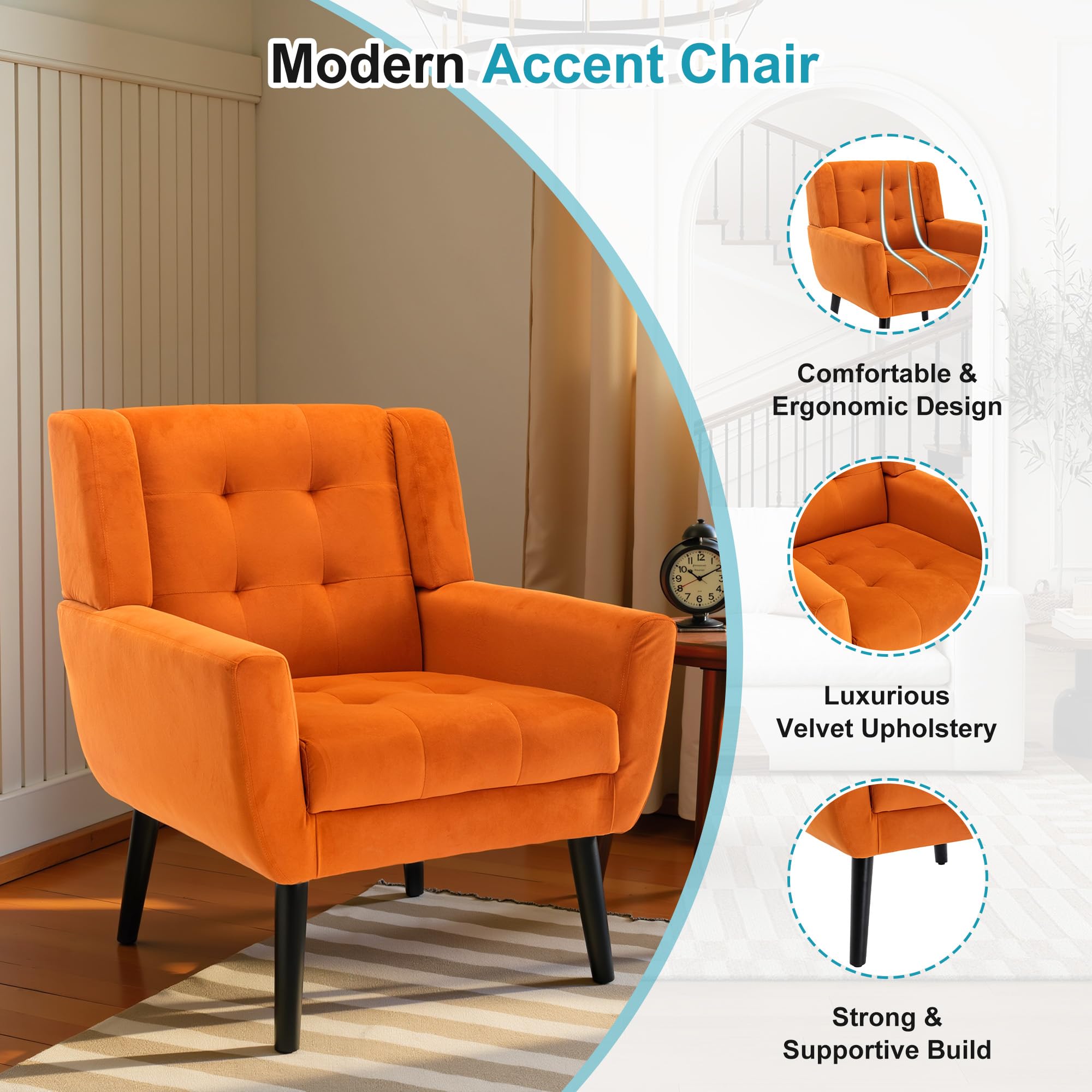 Mid Century Velvet Accent Chair with Wood Legs