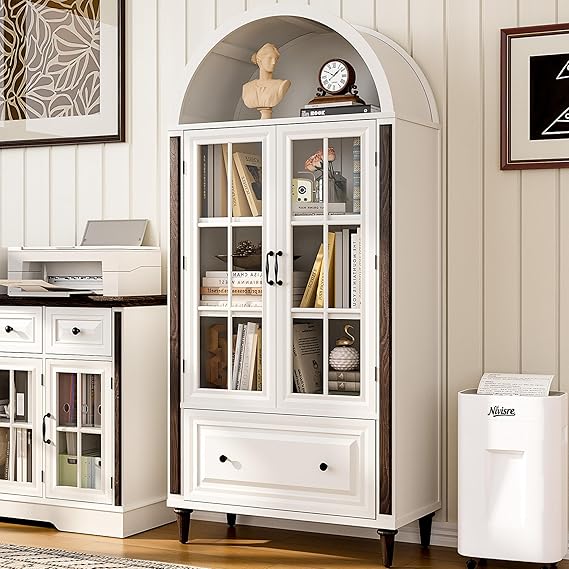 HOLCEPZN 71” Handcrafted Arched Bookcase, Filing Cabinet for Home Office, Wooden Display Cabinet with Glass Doors and Adjustable Shelves for Living Room, Dining Area, and Office, White