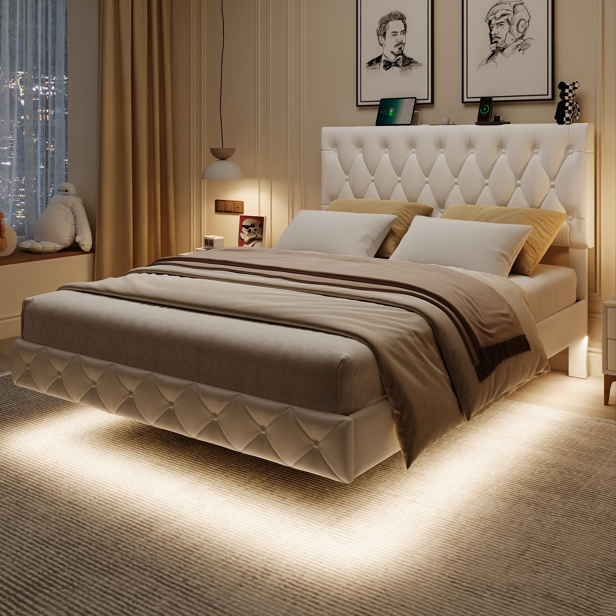 Queen Size Hydraulic Lift Storage Bed with LED Lights