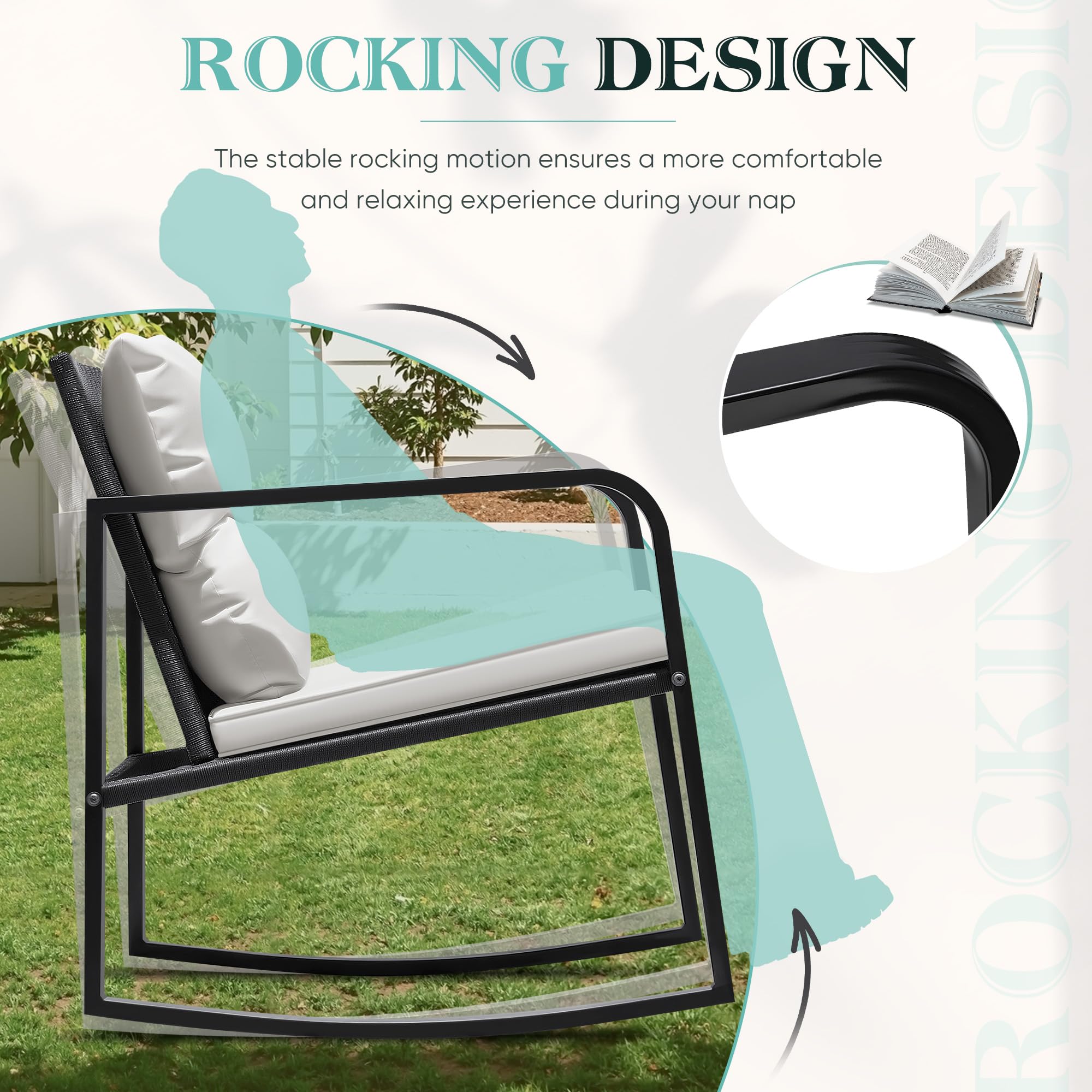 3 Pieces Rocking Wicker Bistro Set with Glass Coffee Table