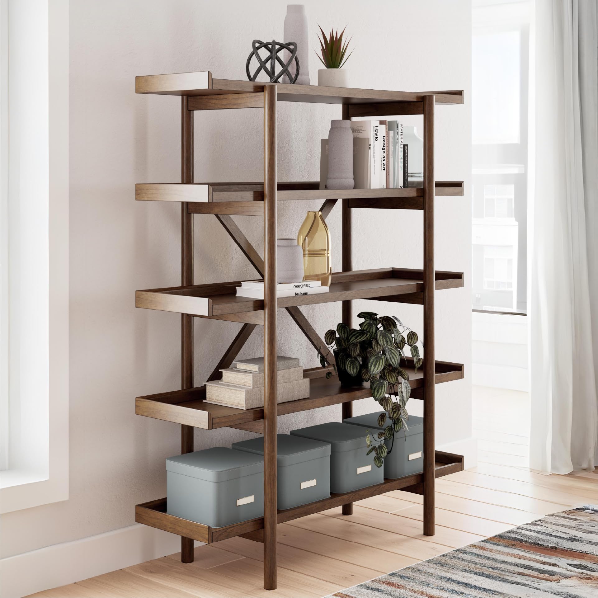 Lyncott 5-Tier Etagere Bookcase 70" Light Brown