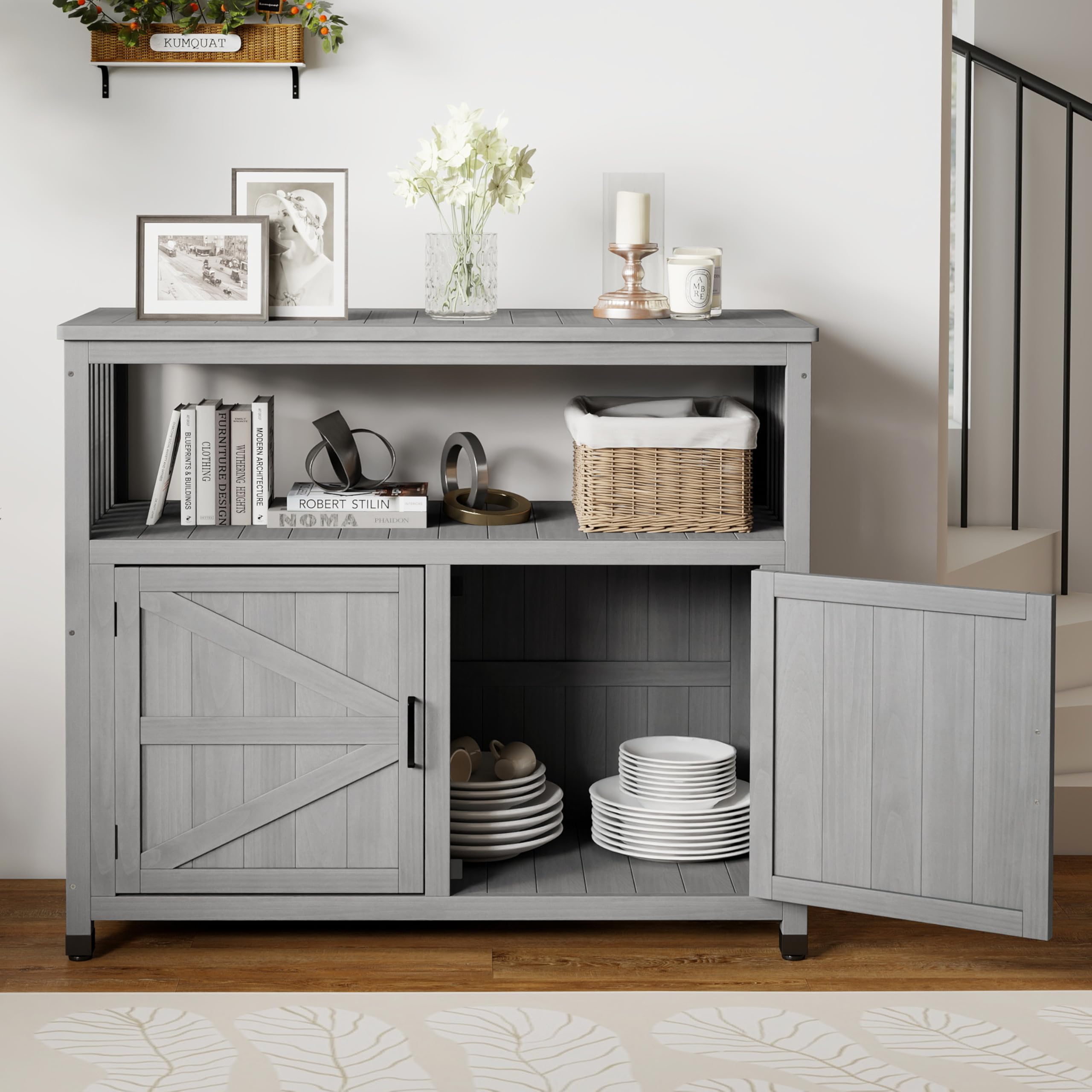 Wooden Patio Bar Table Set with Storage Cabinet