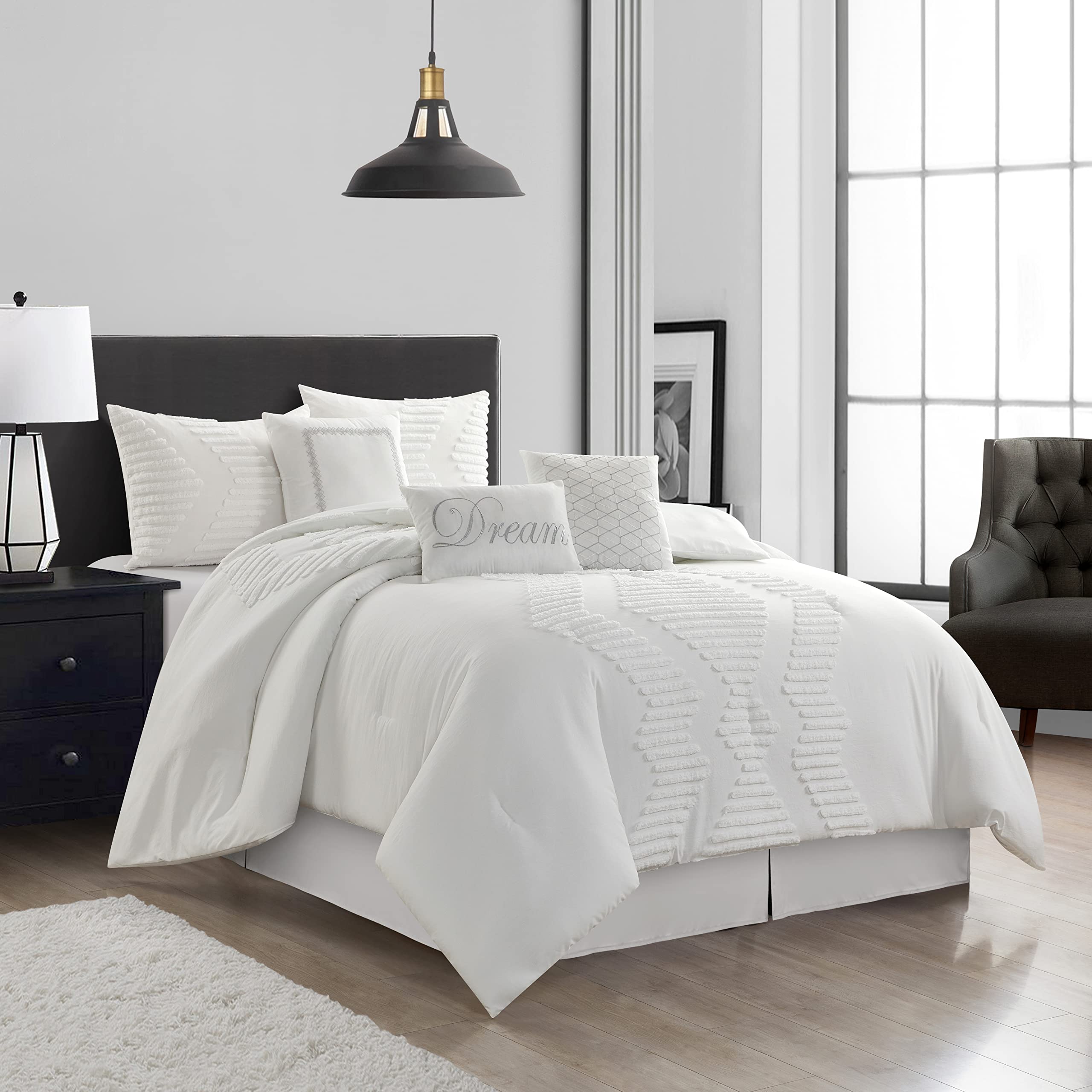 7-Piece Tufted Embroidery Comforter Set California King White