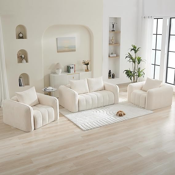 Modern Corduroy Living Room Set - Loveseat with 2 Single Chairs