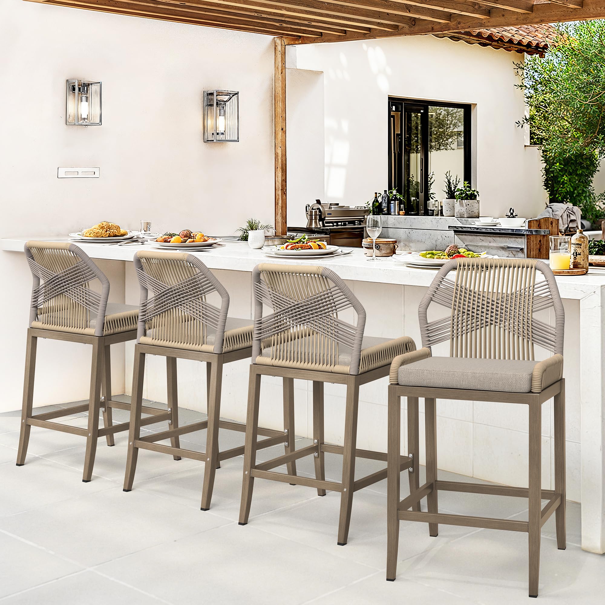 Woven Rope Bar Stools Set of 4 with Cushions