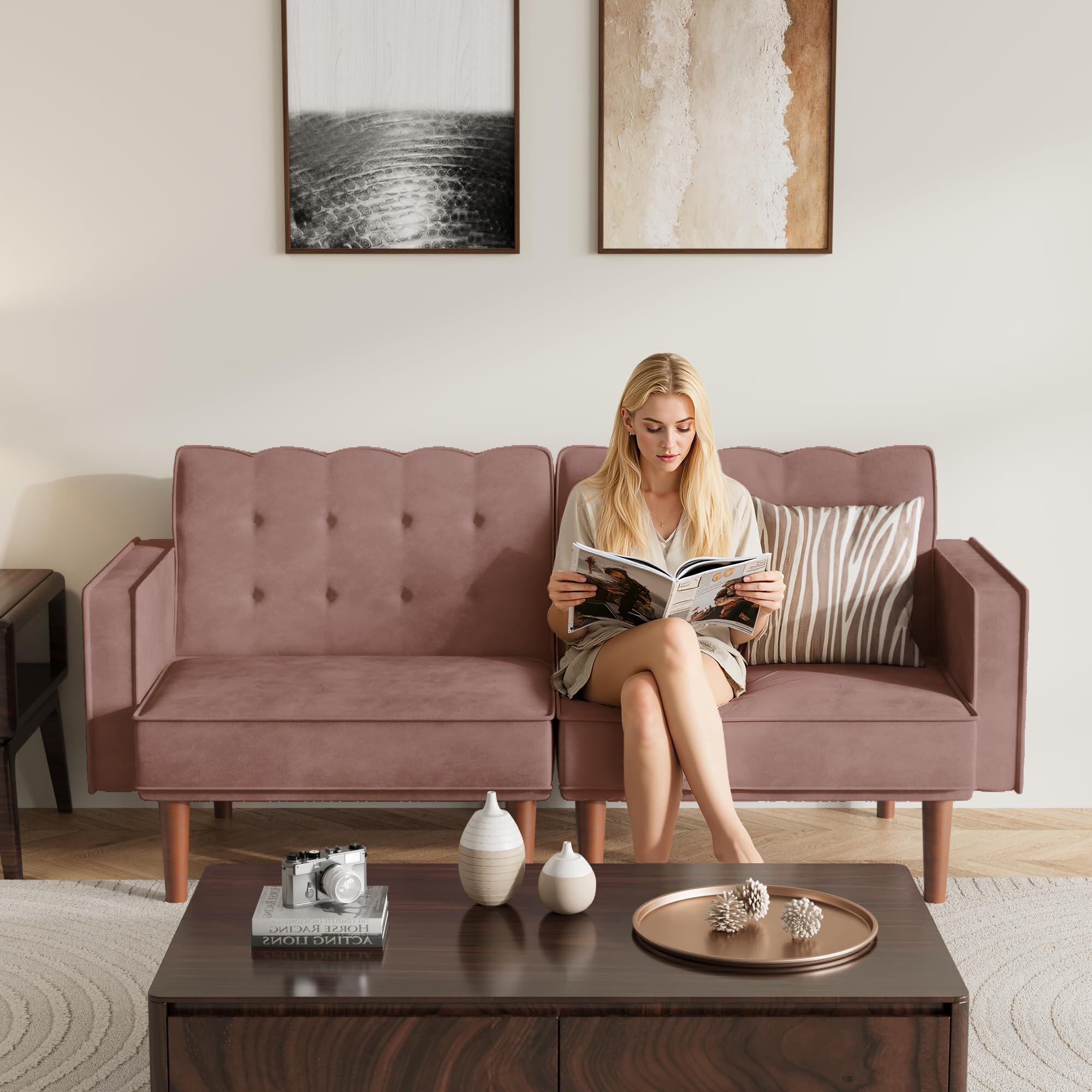 71" Velvet Futon Sofa Bed with Adjustable Backrest