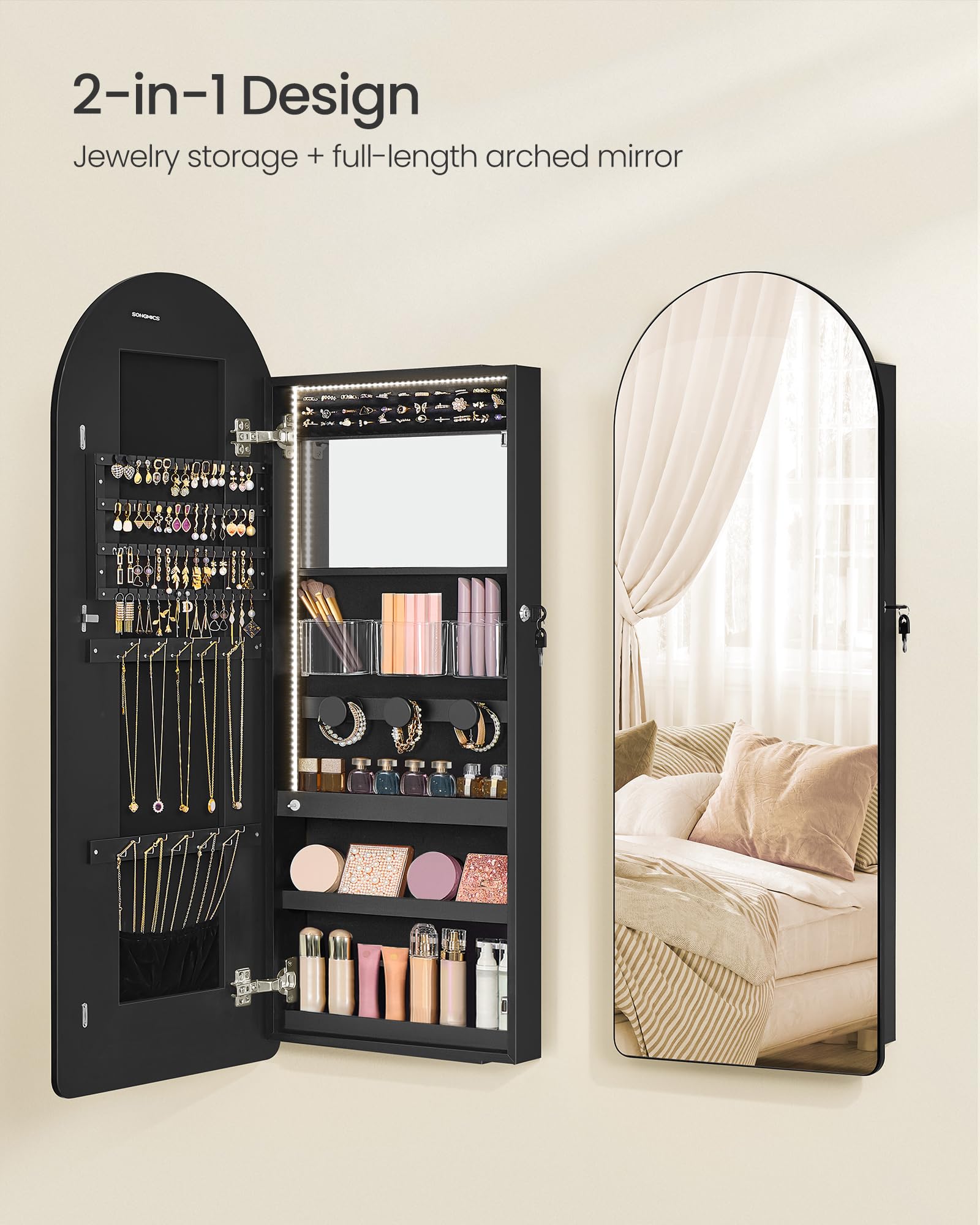 Wide LED Jewelry Cabinet with Arched Mirror
