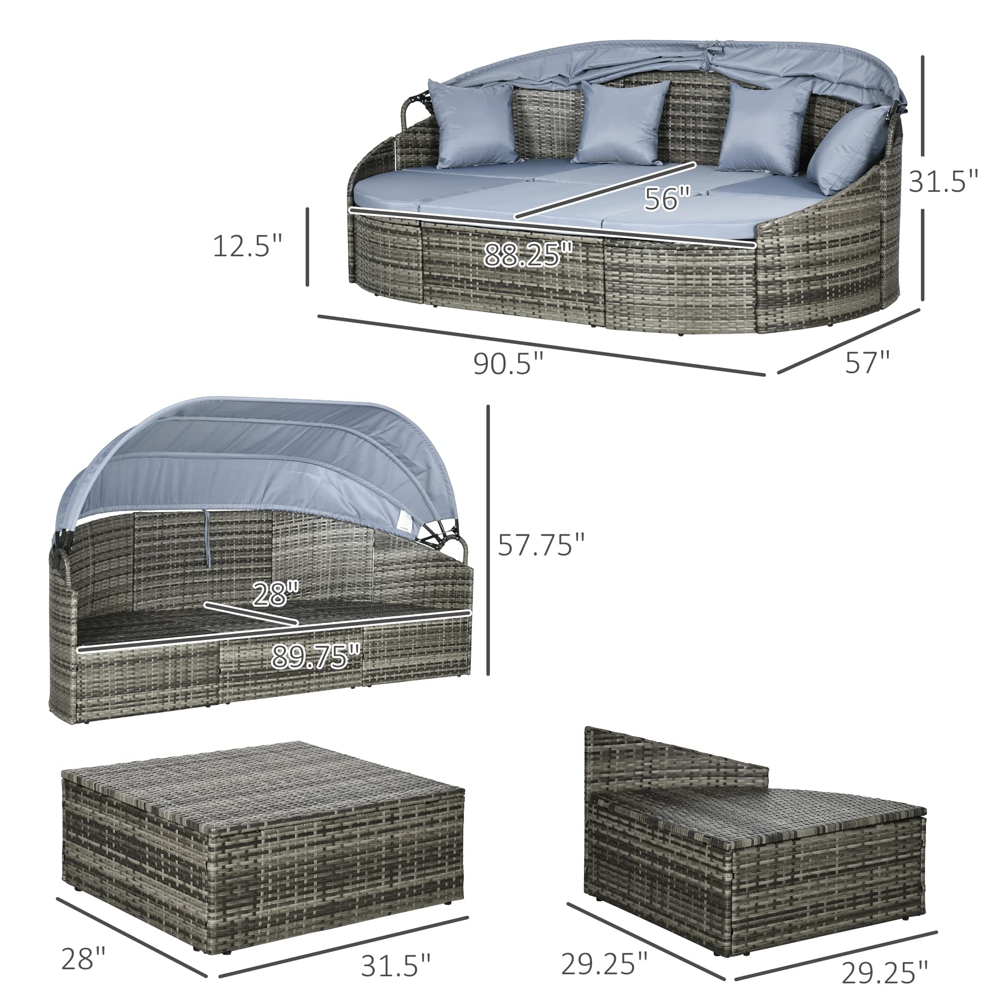 Convertible Round Rattan Daybed Set with Canopy