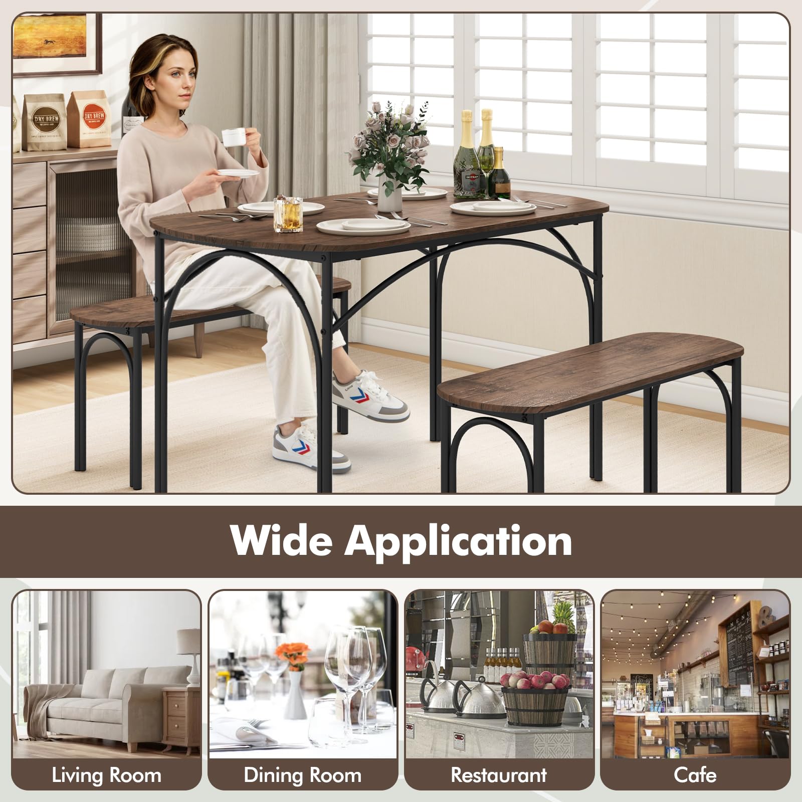 3-Piece Dining Table Set with 2 Benches