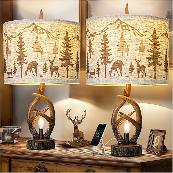 Rustic Farmhouse Antler Table Lamp Set of 2 with USB Ports and Nightlight