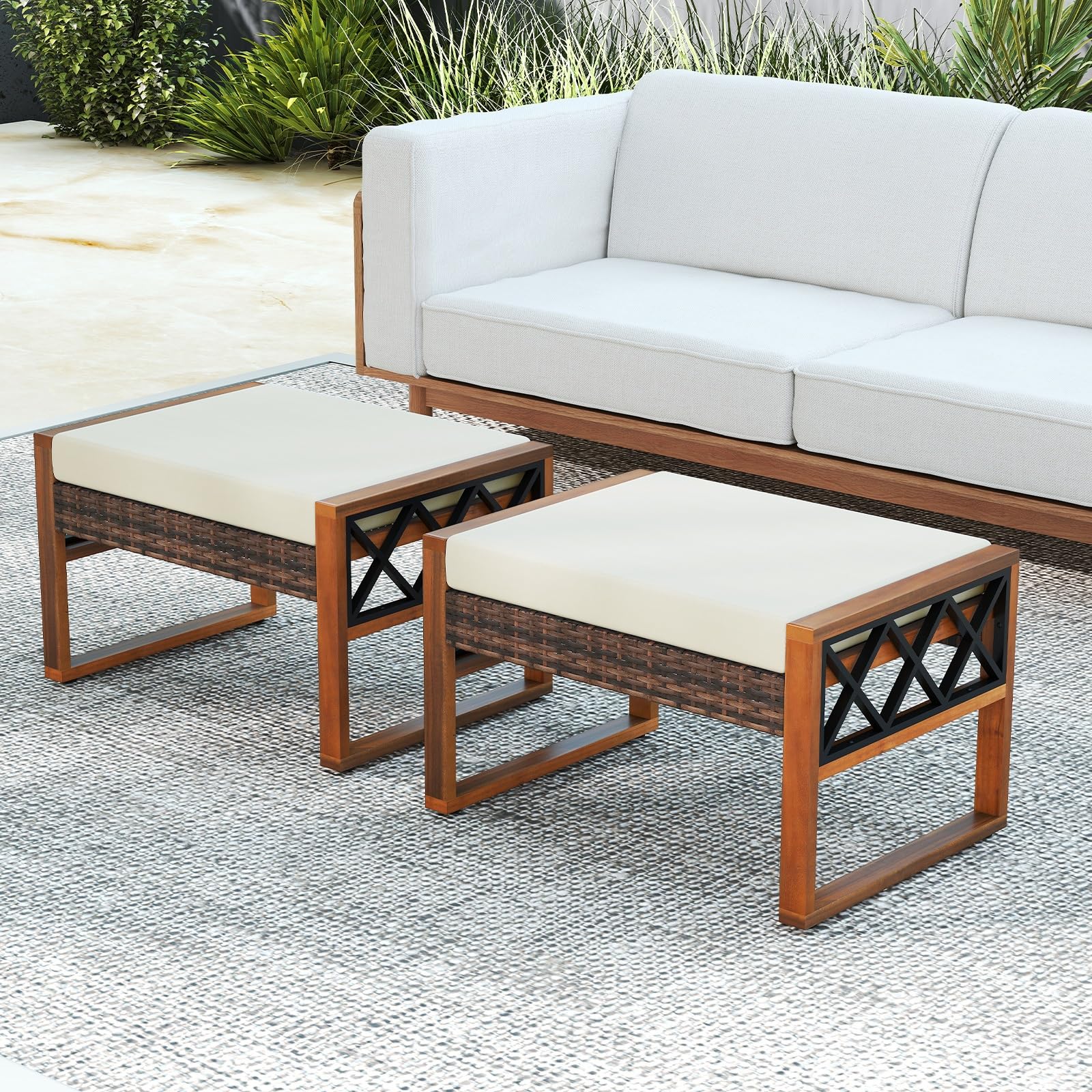 Wicker Outdoor Ottomans Set of 2 with Removable Cushions