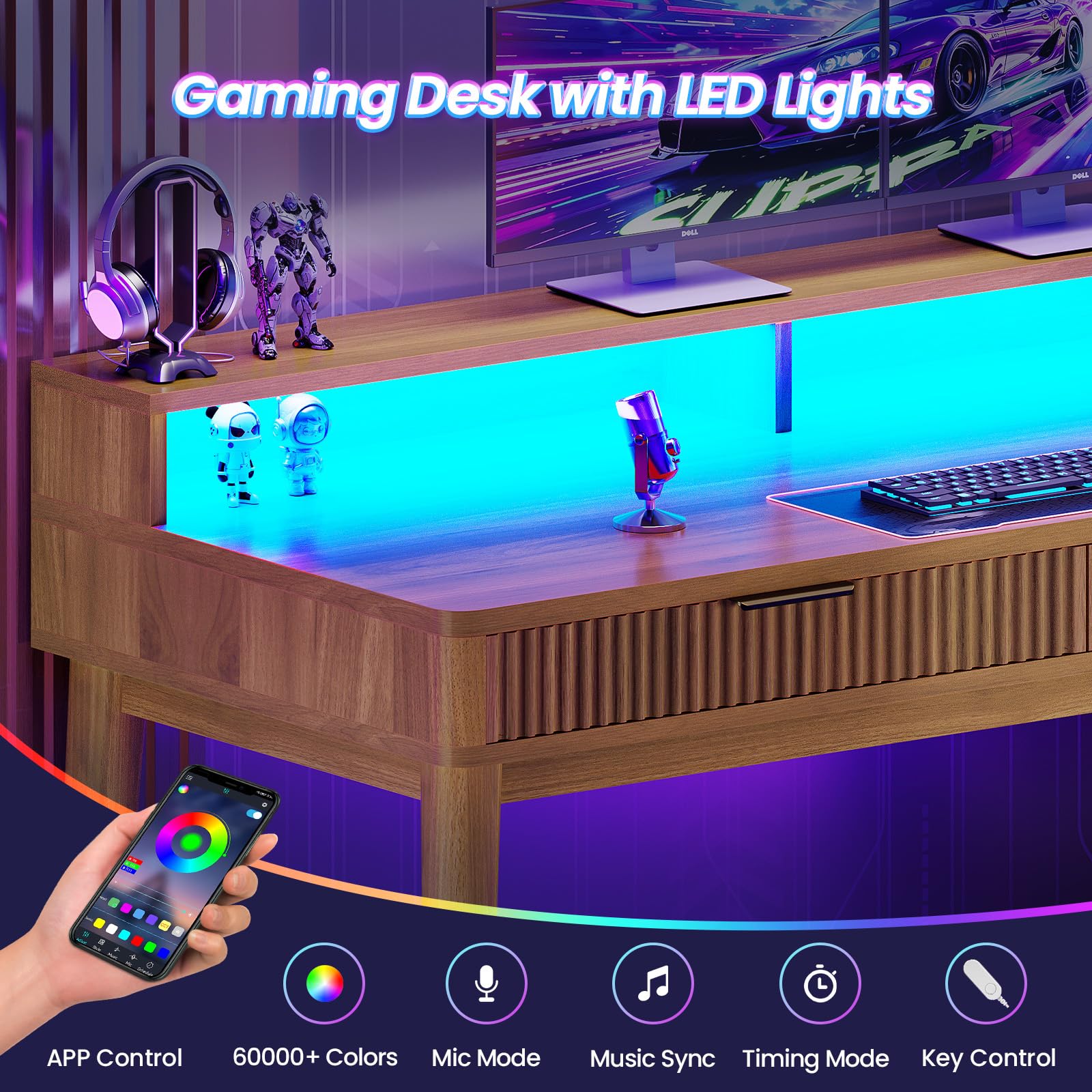 SEDETA Modern Office Desk with 4 Drawers, 59" Fluted Gaming Computer Desk with Storage, LED Lights and Power Strip, Wood Writing Desk Study Table for Home Office, Living Room, Bedroom, Brown