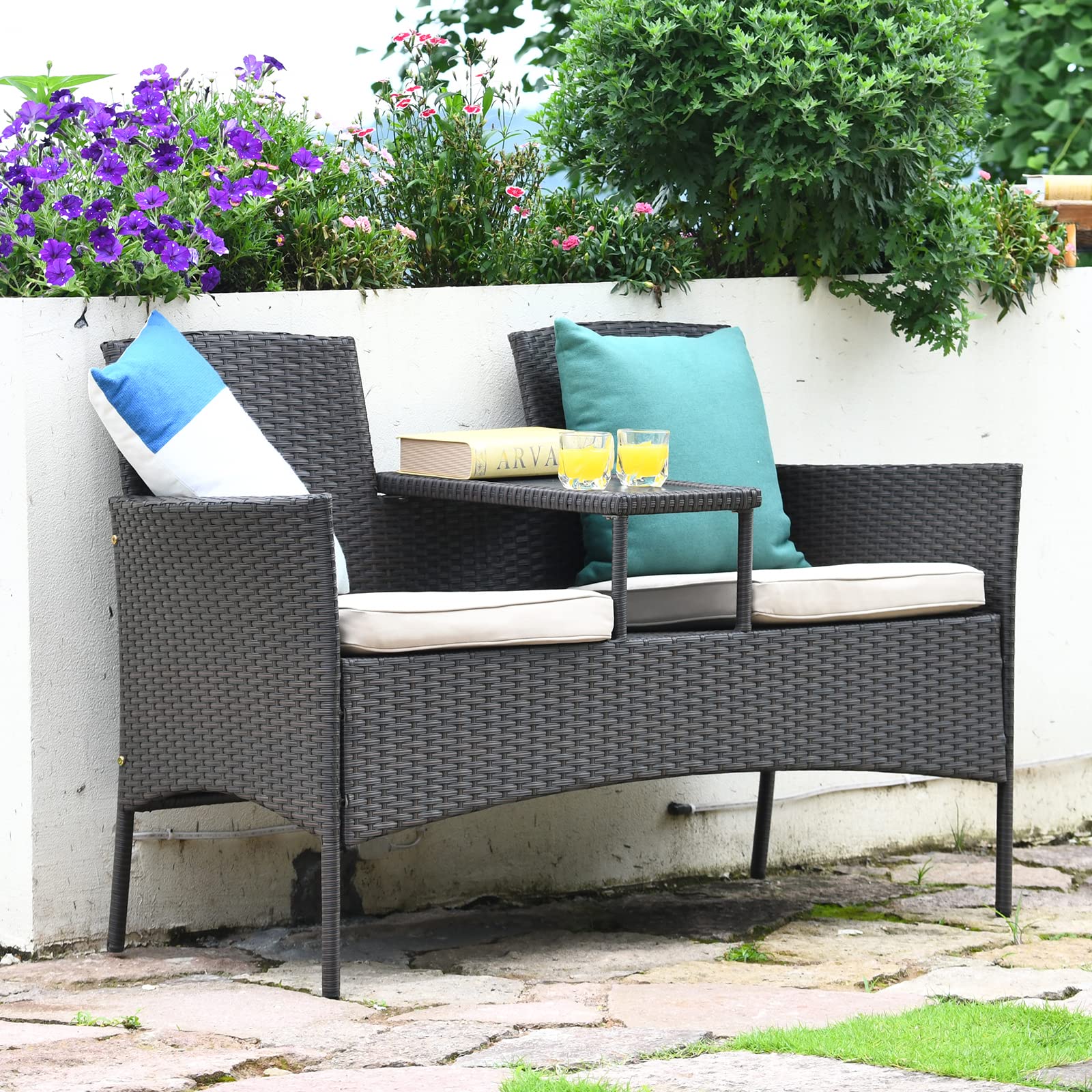 Outdoor Rattan Loveseat Conversation Set with Cushions & Coffee Table