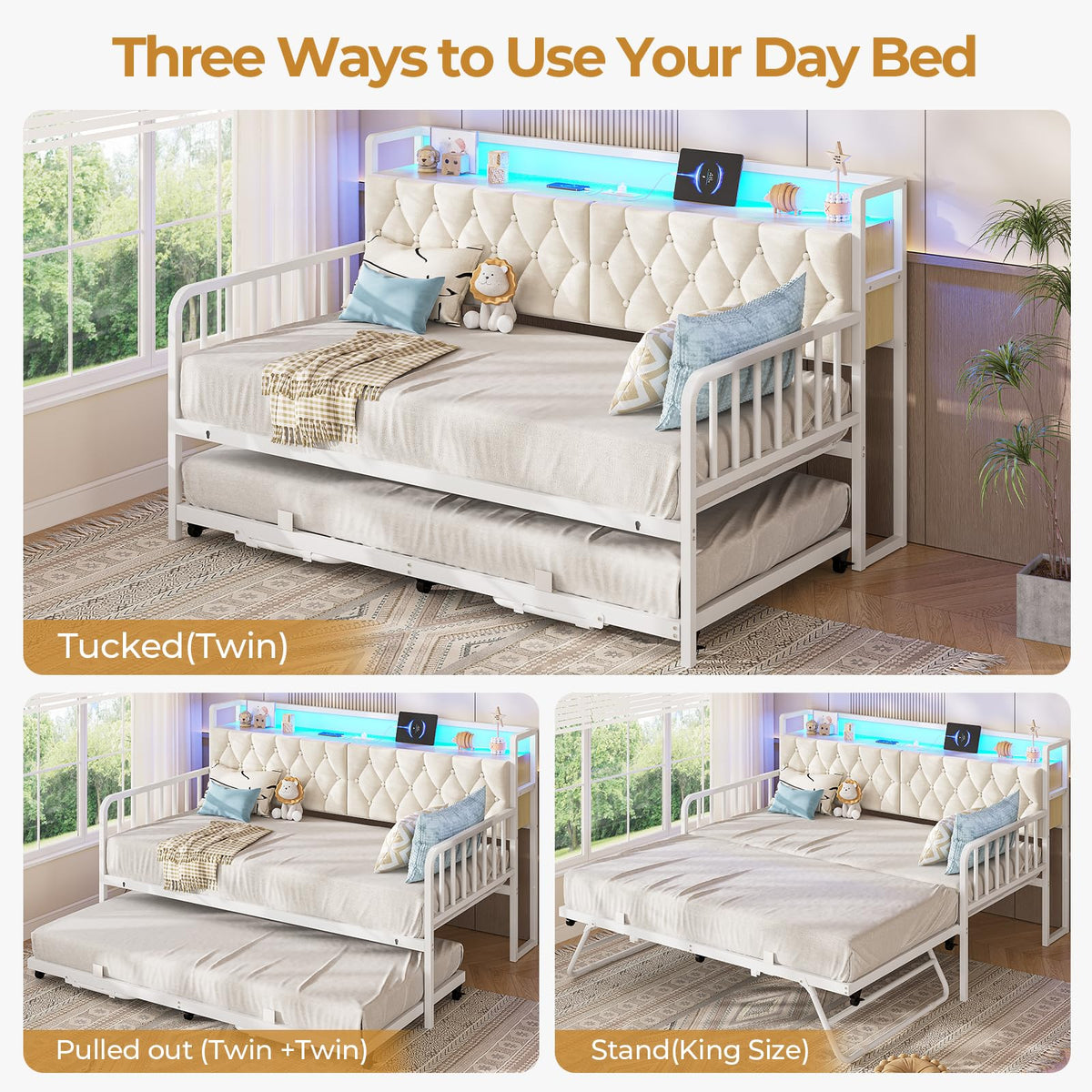 Twin to King Daybed with Trundle and Charging Station