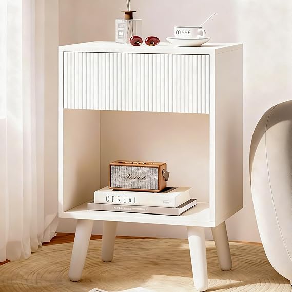 Modern White Oak Nightstand with Drawer and Open Shelf