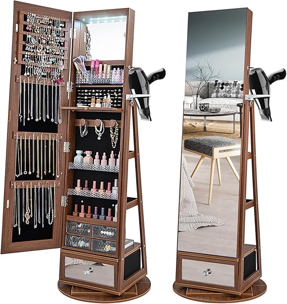 360° Swivel Jewelry Cabinet Armoire with Full Length Mirror