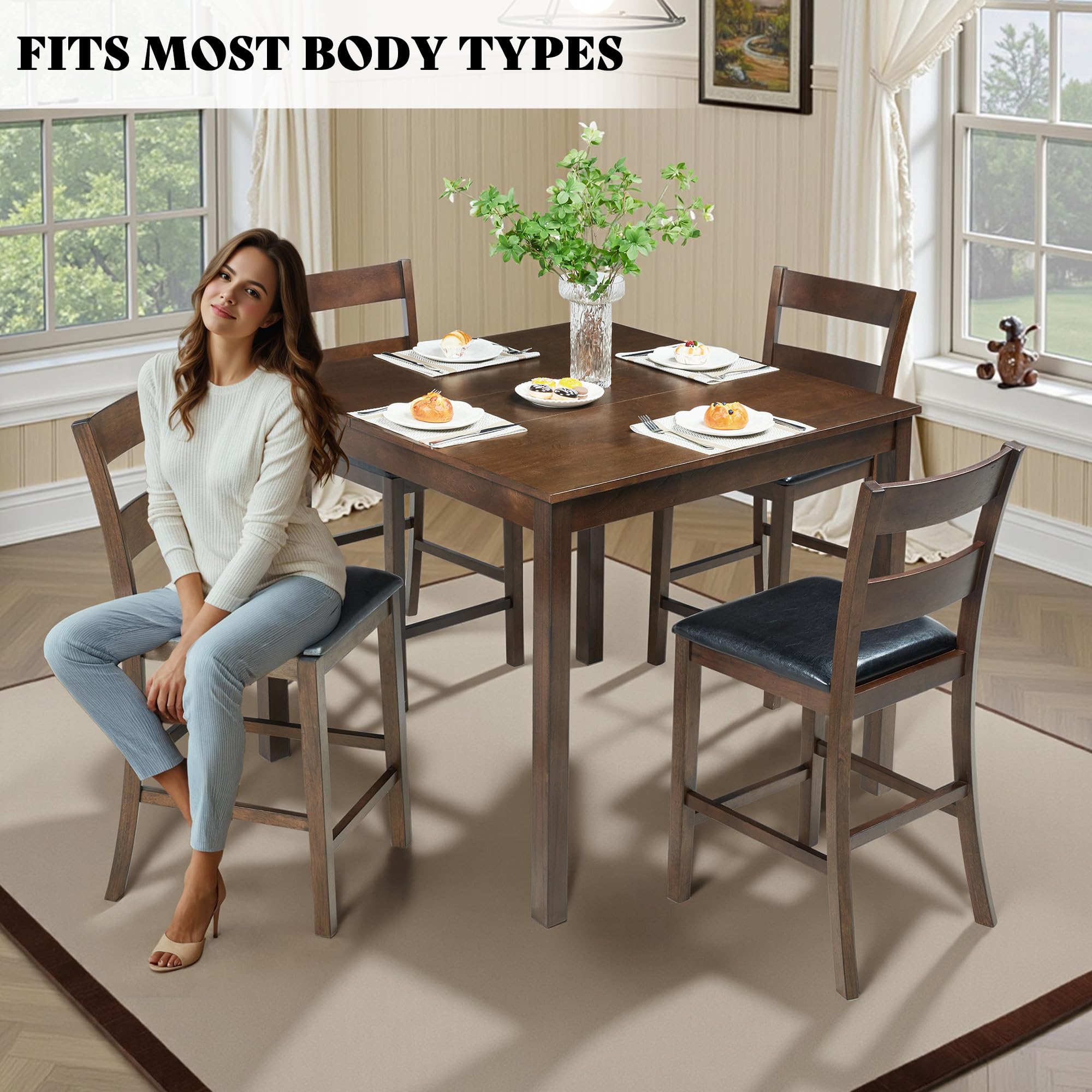 5-Piece Solid Wood Dining Table Set with Cushioned Chairs