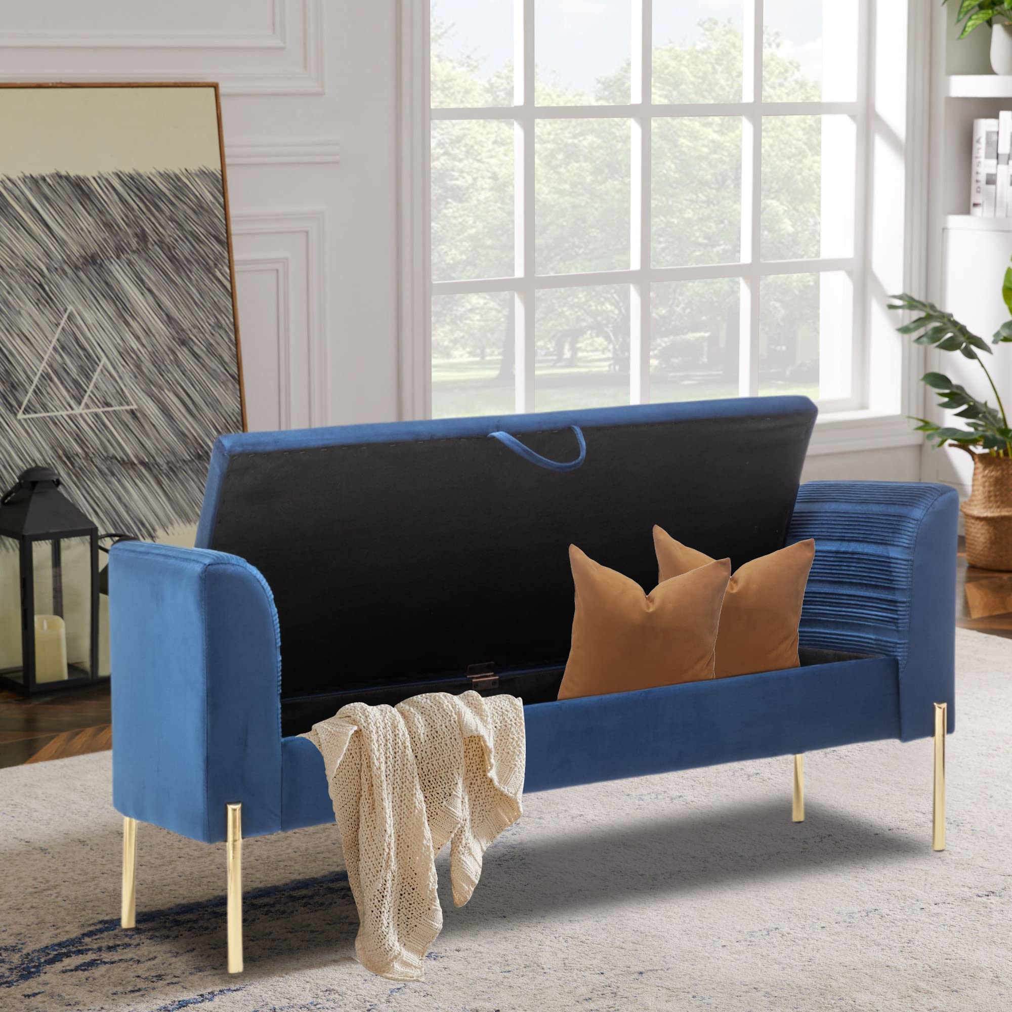 Blue Velvet Storage Bench with Metal Frame