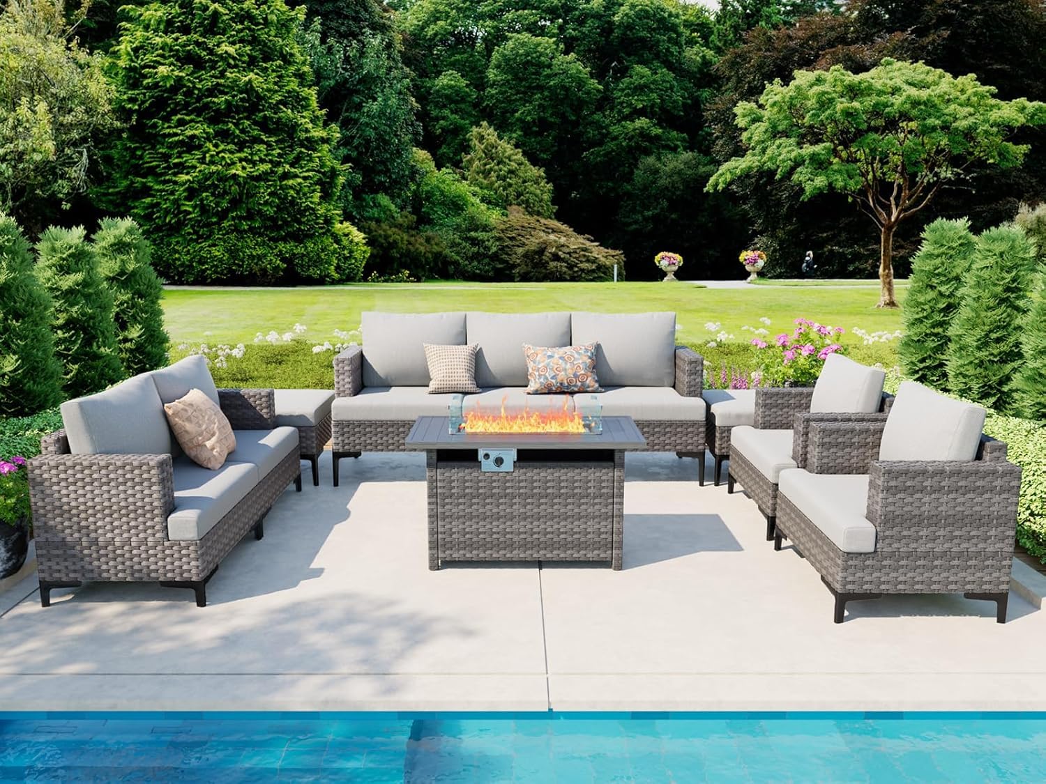 10 Piece Patio Sectional Set with Fire Pit Table
