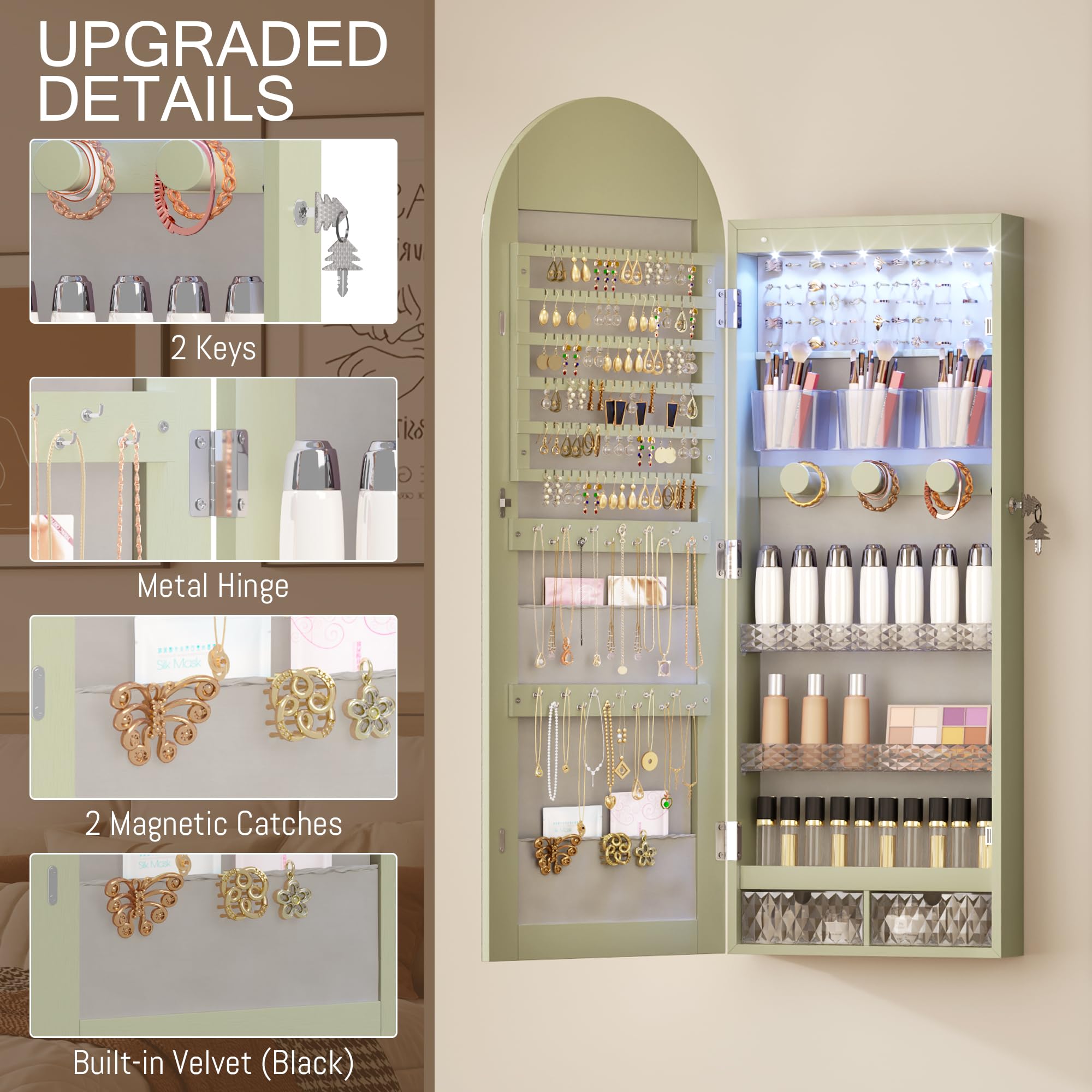 Wall Mounted Jewelry Organizer with LED Mirror