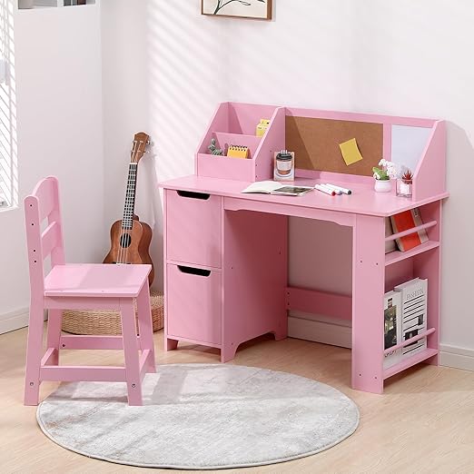 Kids Study Desk and Chair Set with Storage Hutch