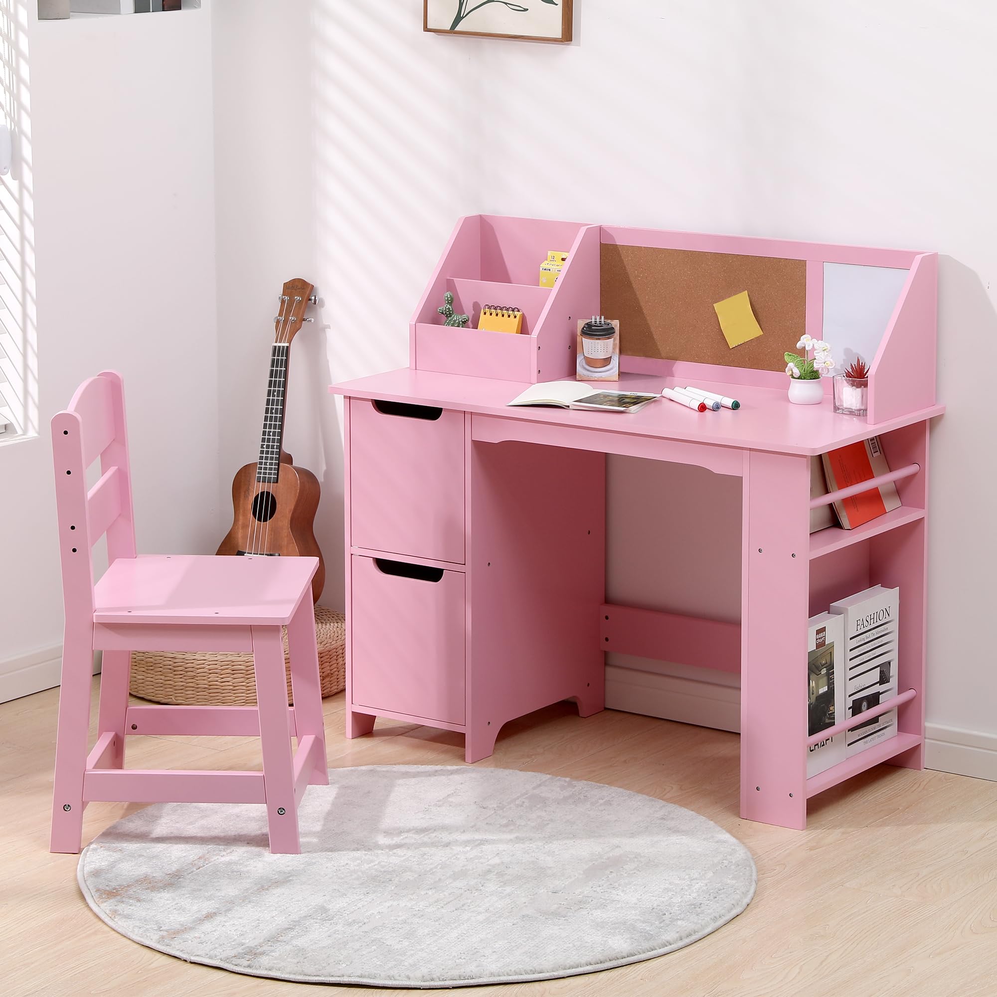 Kids Study Desk and Chair Set with Storage Hutch