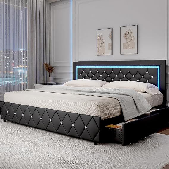 Queen LED Bed Frame with Storage Drawers