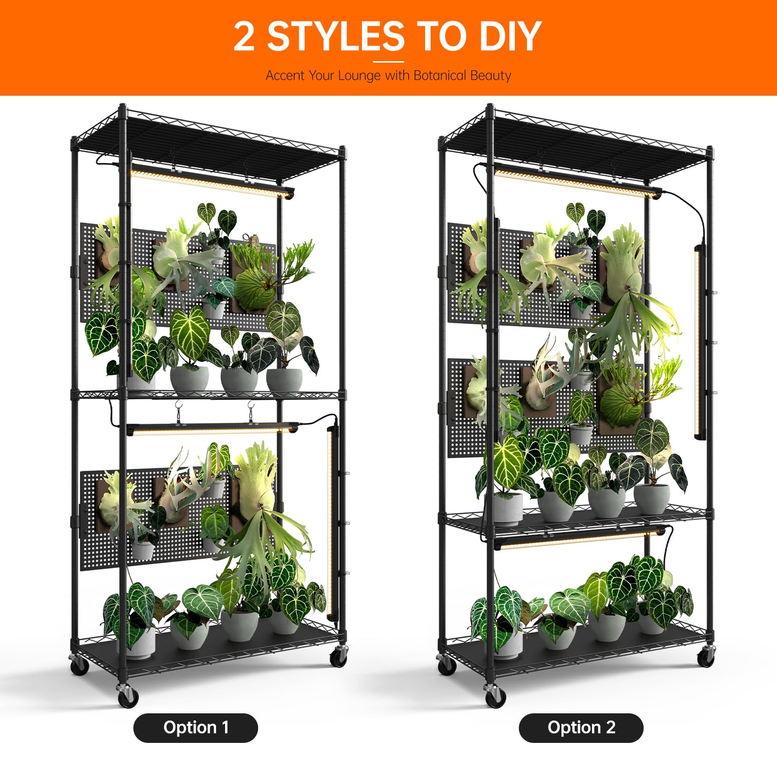 3-Tier Plant Shelf with Grow Lights and Pegboard