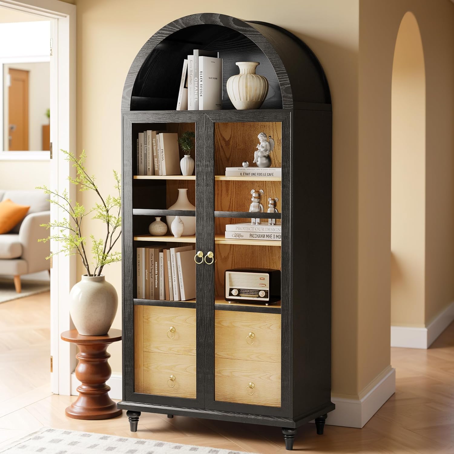 71" Arched Storage Cabinet with Drawers and Glass Doors