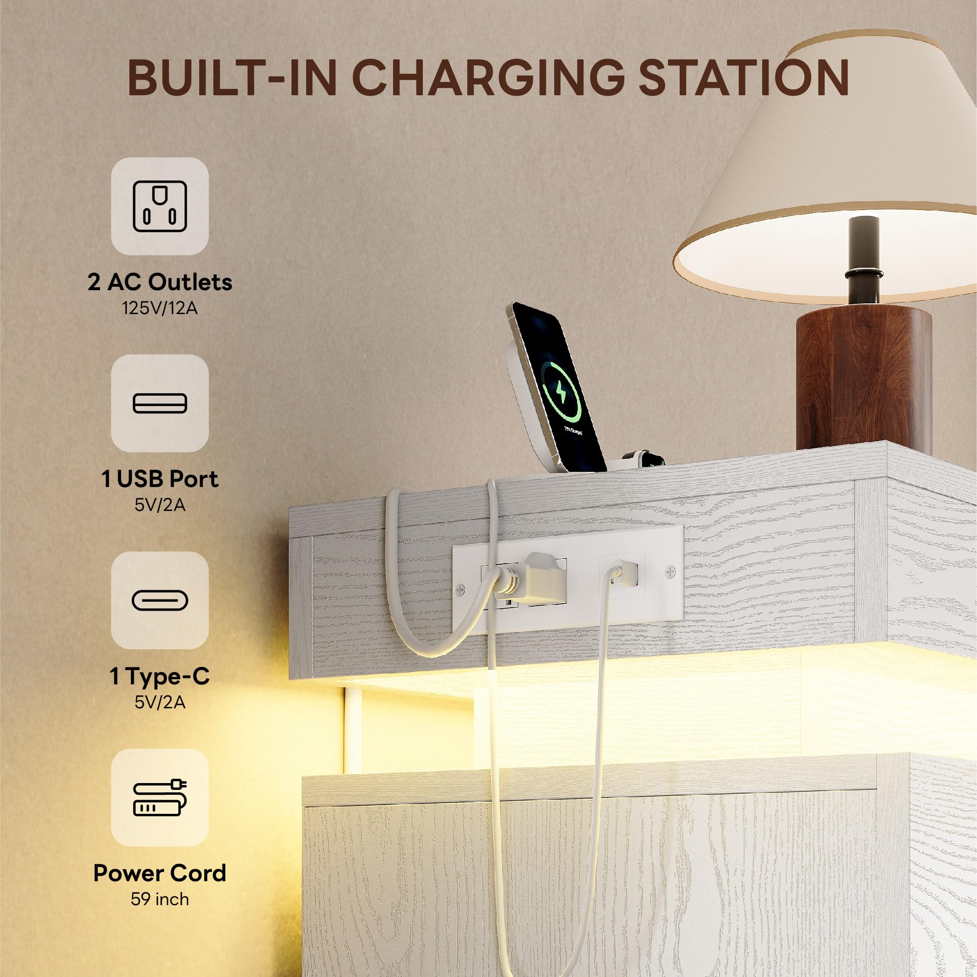 5-Drawer Tall Dresser with LED Lights and Charging Station
