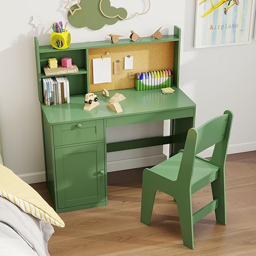 Kids Study Desk with Chair Set - Wooden Table for Ages 5-12 with Hutch and Storage