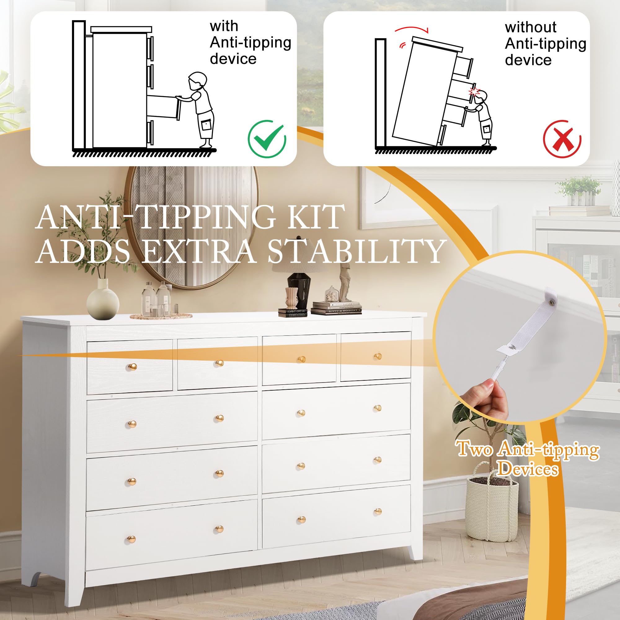 10 Drawer Dresser 52 Inch Wooden Chest with Gold Knobs White