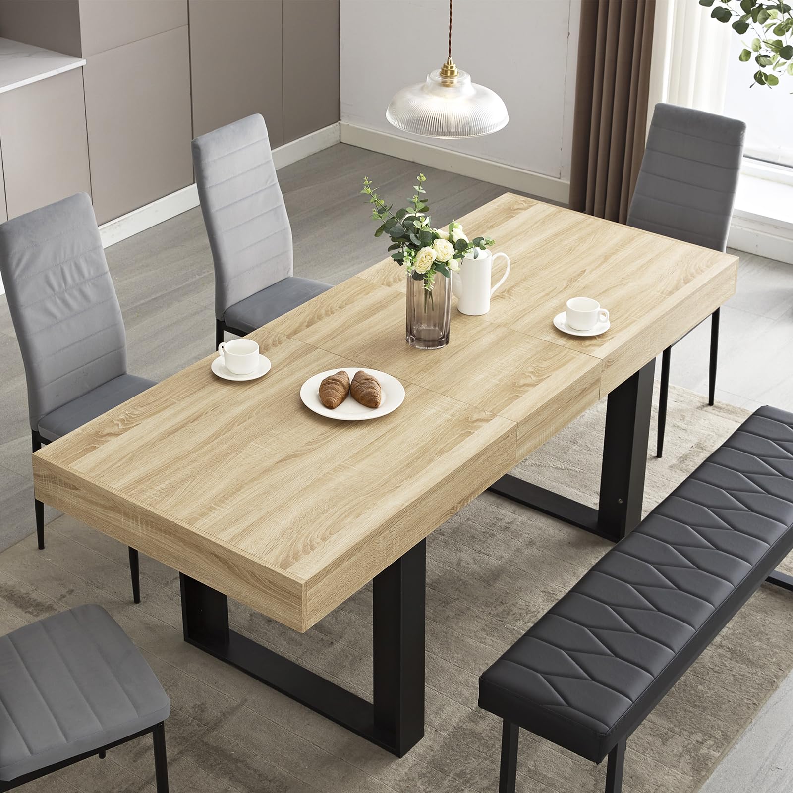 63-79 Inch Extendable Dining Table Rustic Oak