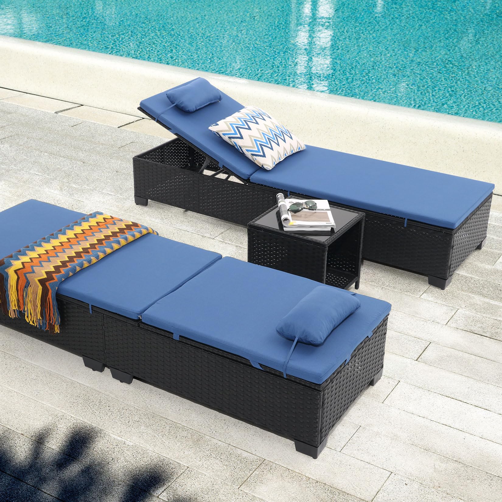 Outdoor Patio Wicker Chaise Lounge Set of 3 with Adjustable Backrest and Table