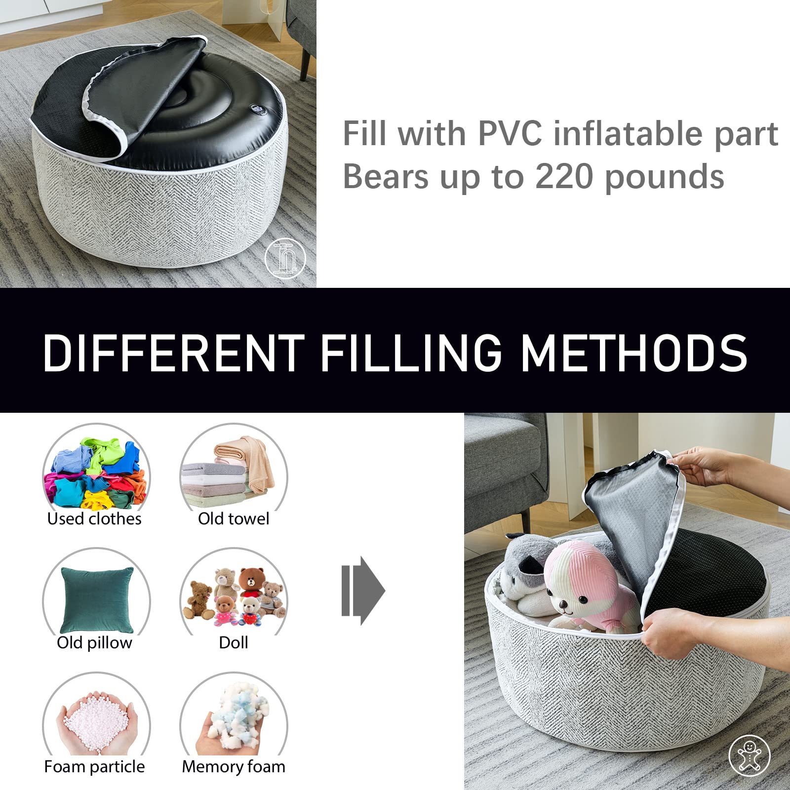 Inflatable Pouf Ottoman with Storage