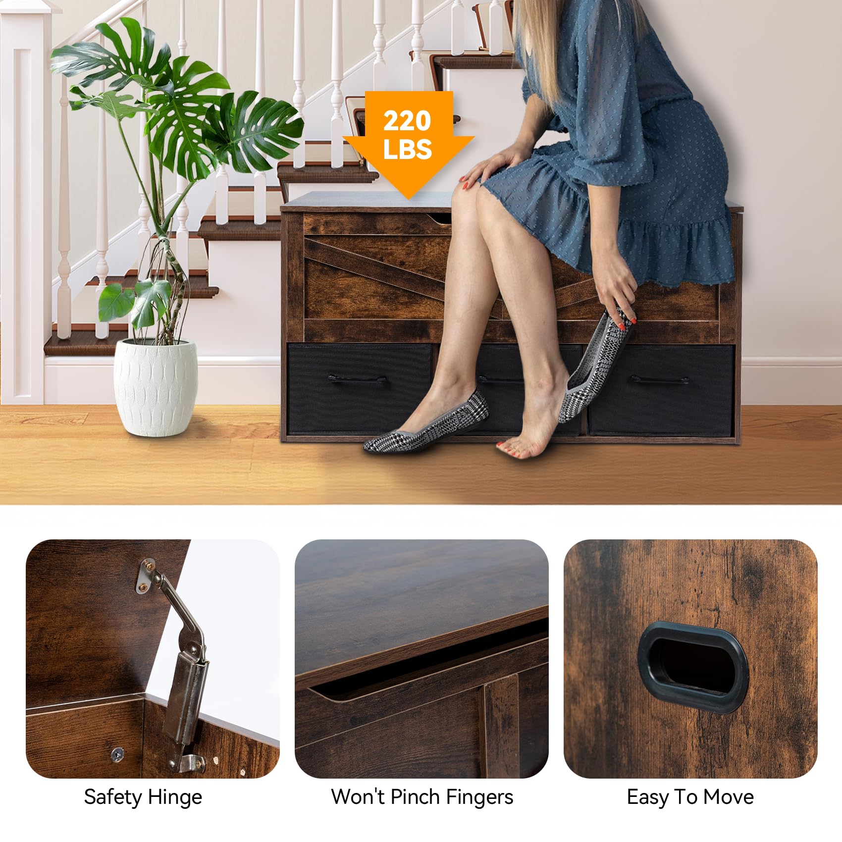 Storage Bench with 3 Drawers and Safety Hinges