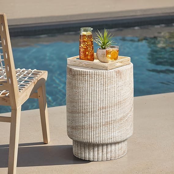 18" Round Travertine-Style Outdoor Side Table