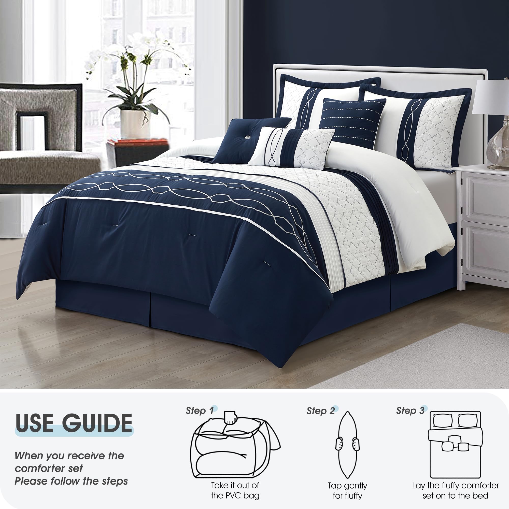 7 Piece Geometric Comforter Set California King White Navy