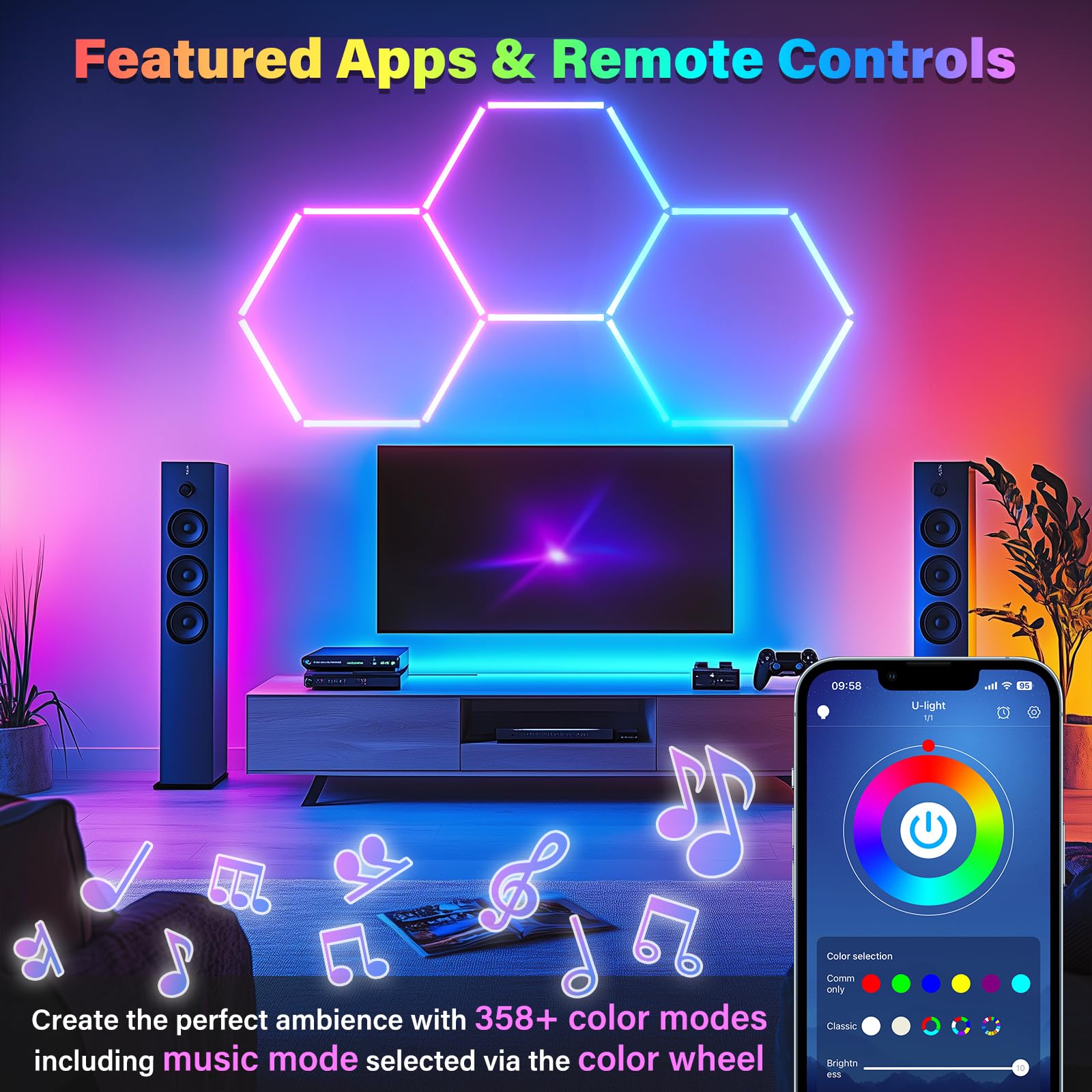 Hexagon RGB LED Wall Lights with Music Sync