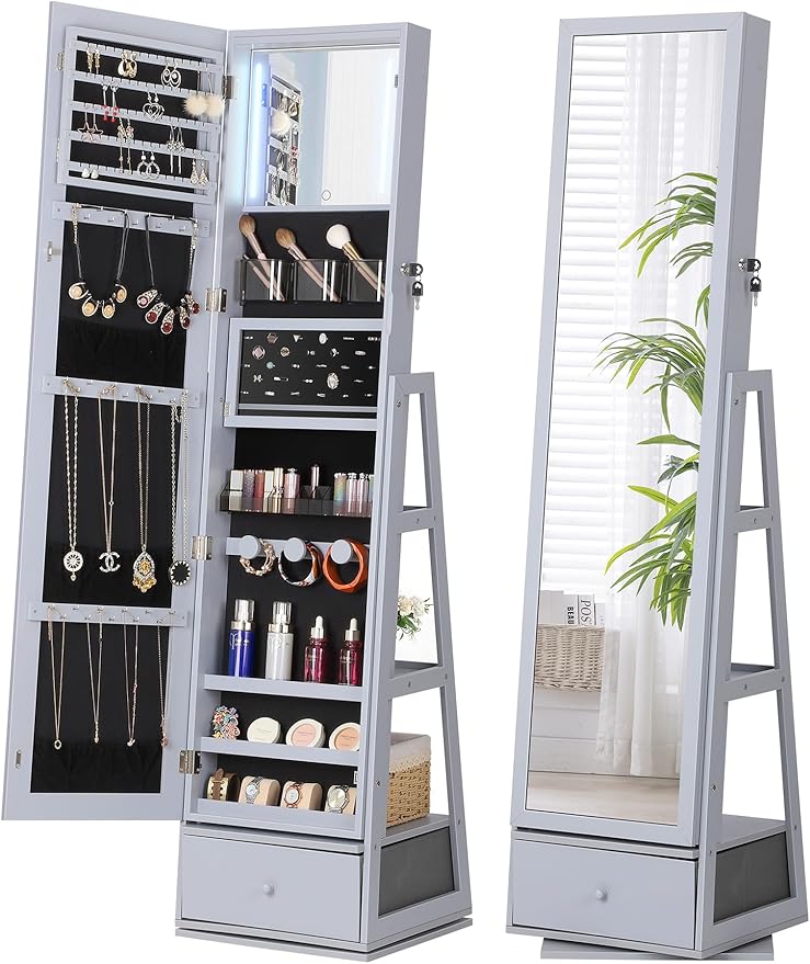 360° Swivel Jewelry Cabinet with Lights and Touch Screen Mirror