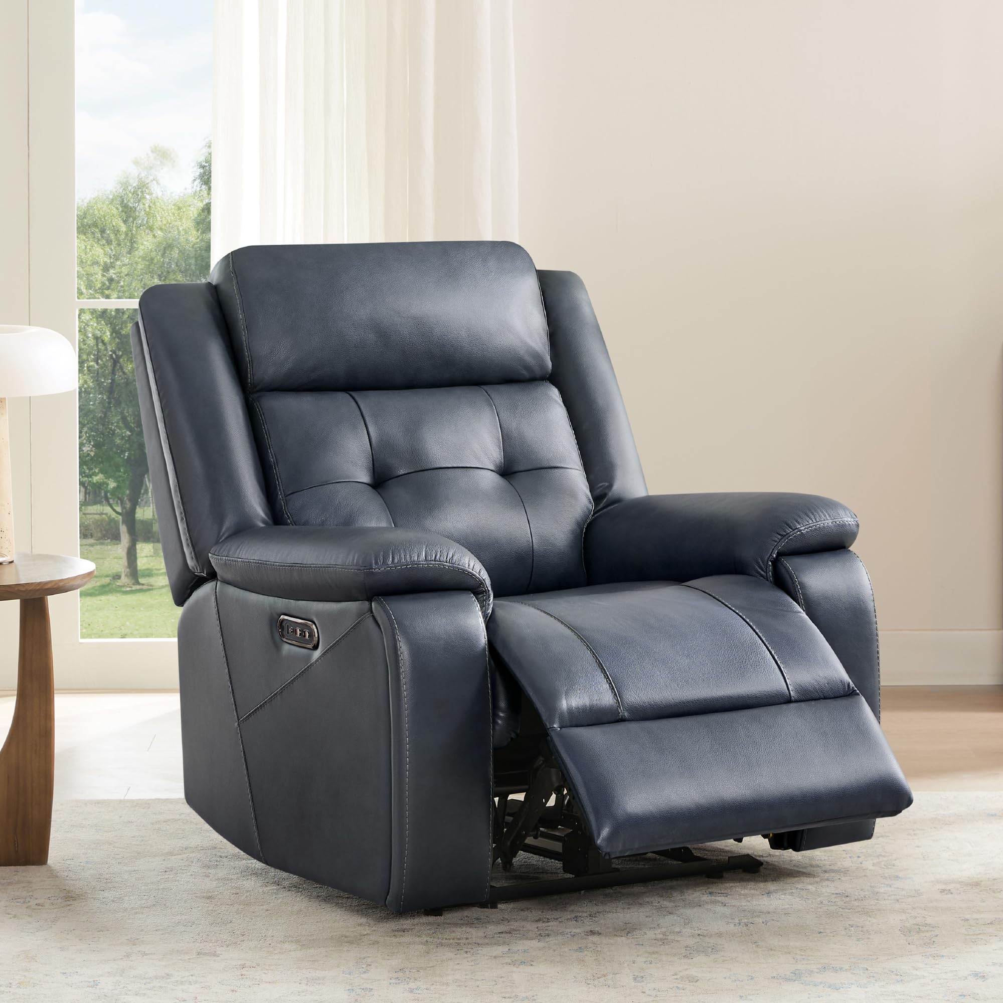Watson & Whitely Genuine Leather Power Recliner Chair for Adults, Wall Hugger Recliner with Power Headrest, Cup Holders & Charging Ports, Electric Reclining Chairs for Living Room, RV, Navy Blue