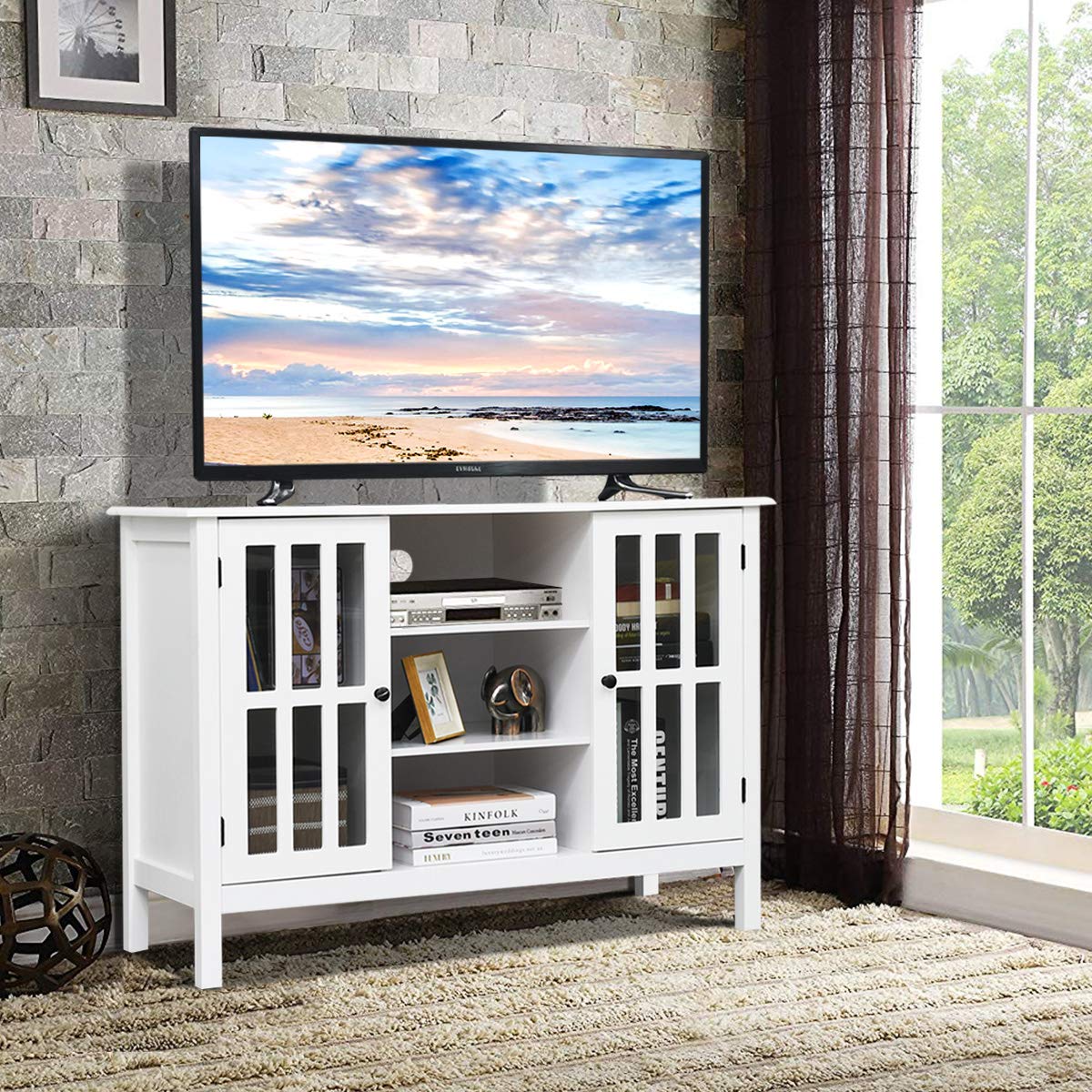 White TV Stand Entertainment Center with Storage Cabinets