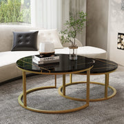 Round Nesting Coffee Tables Set of 2 - Gold Frame with Black Marble Top