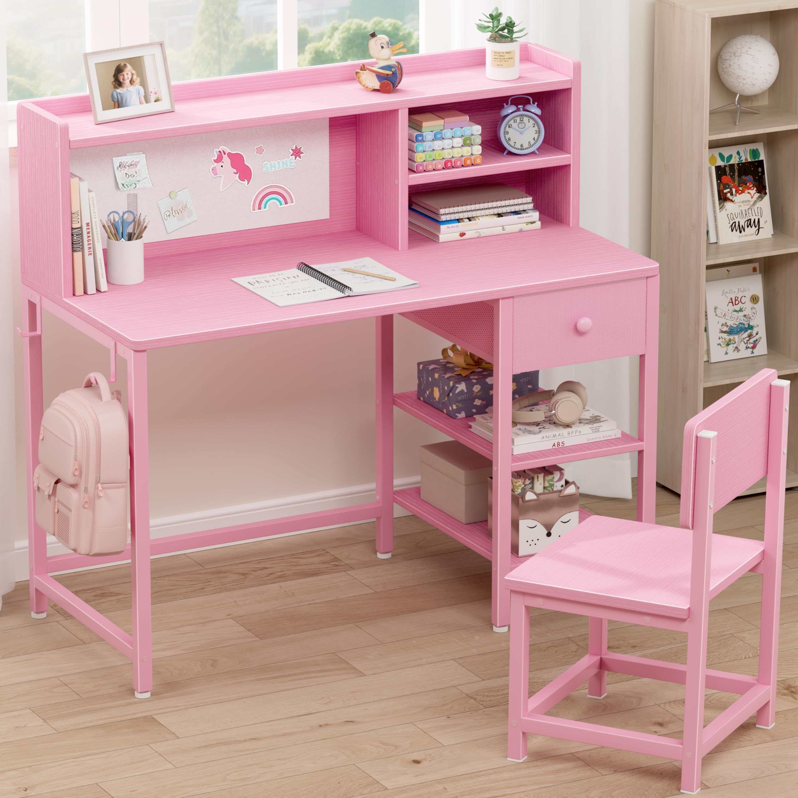 Kids Desk and Chair Set with Hutch and Storage Shelf