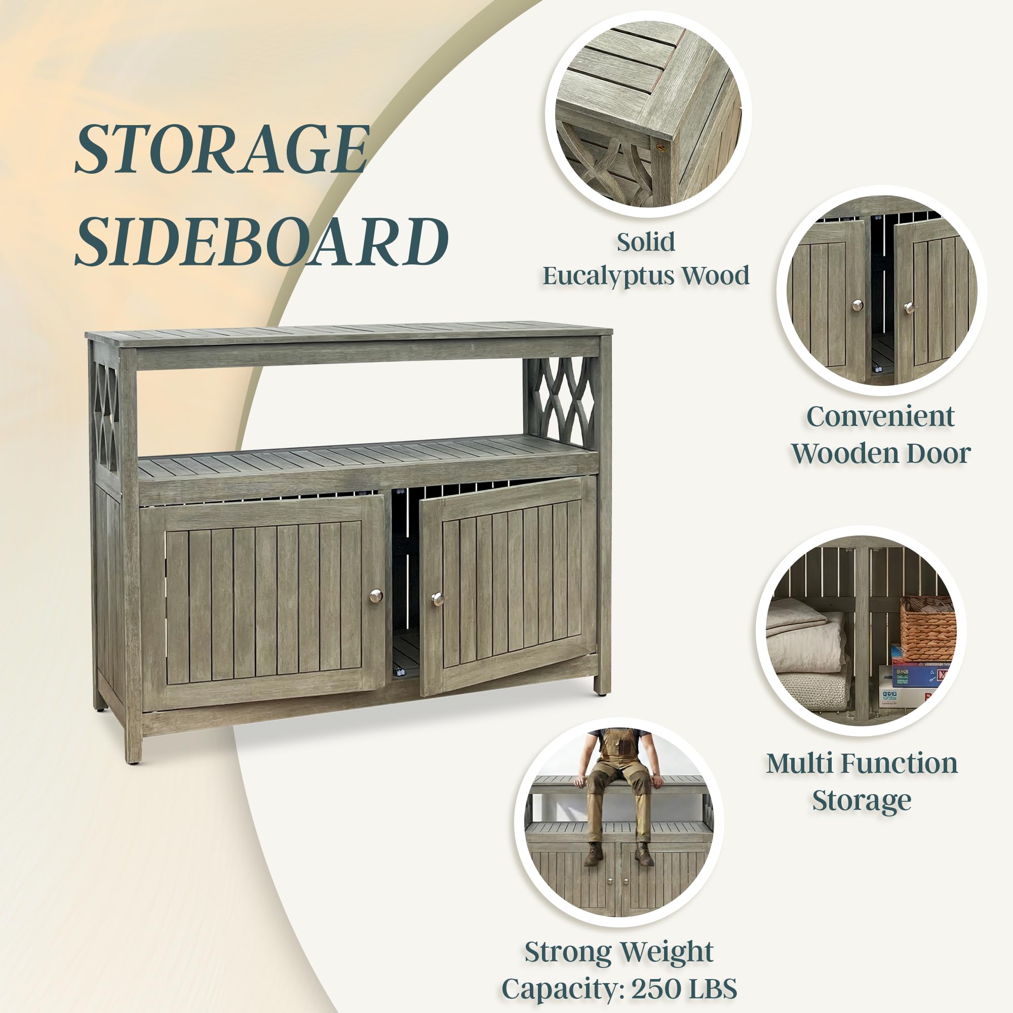 Eucalyptus Wood Outdoor Sideboard Table with Storage
