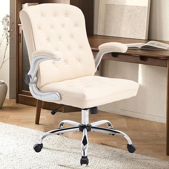 Mid-Back Leather Executive Office Chair with Flip-Up Arms