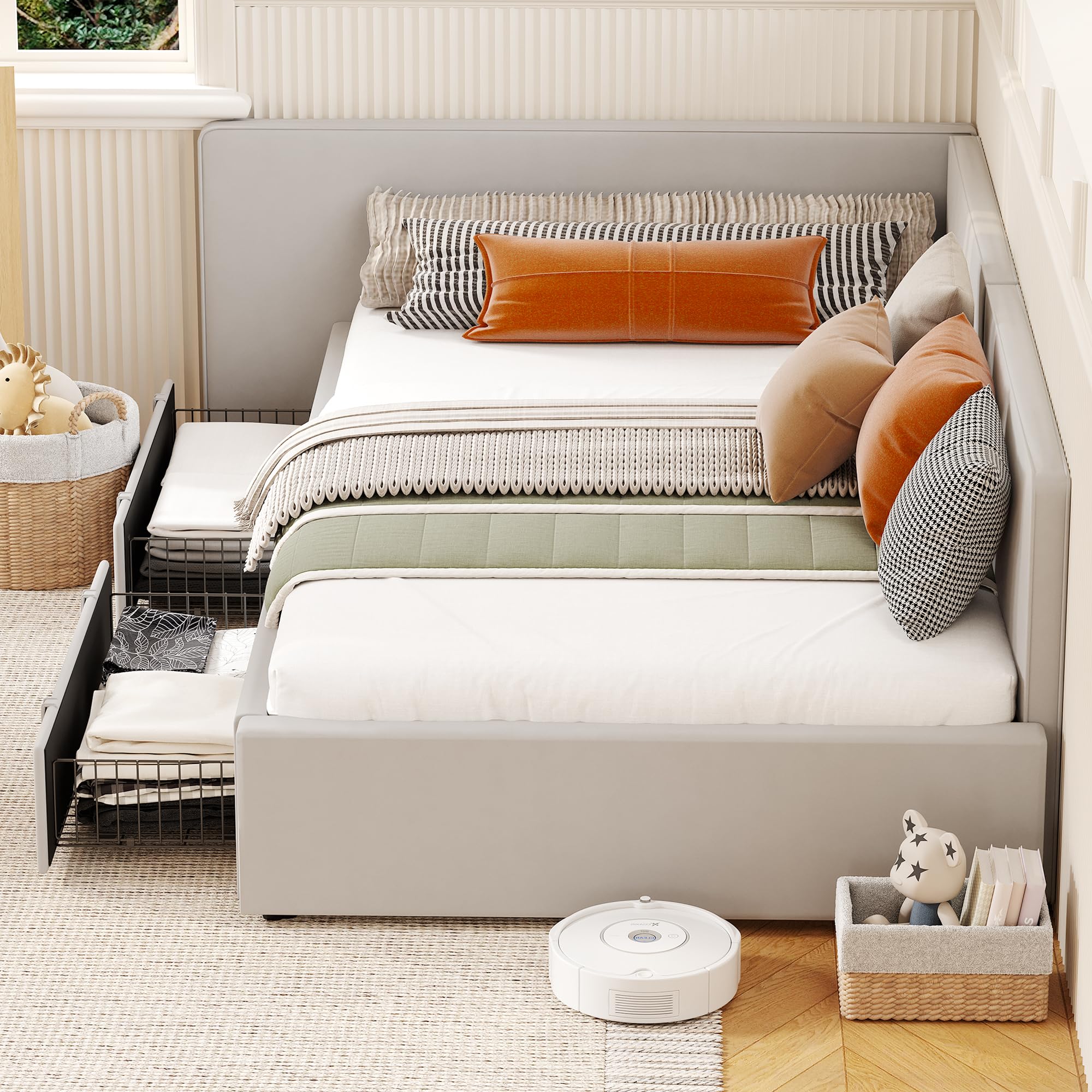Twin Daybed with Storage Drawers and Velvet Upholstered Headboard